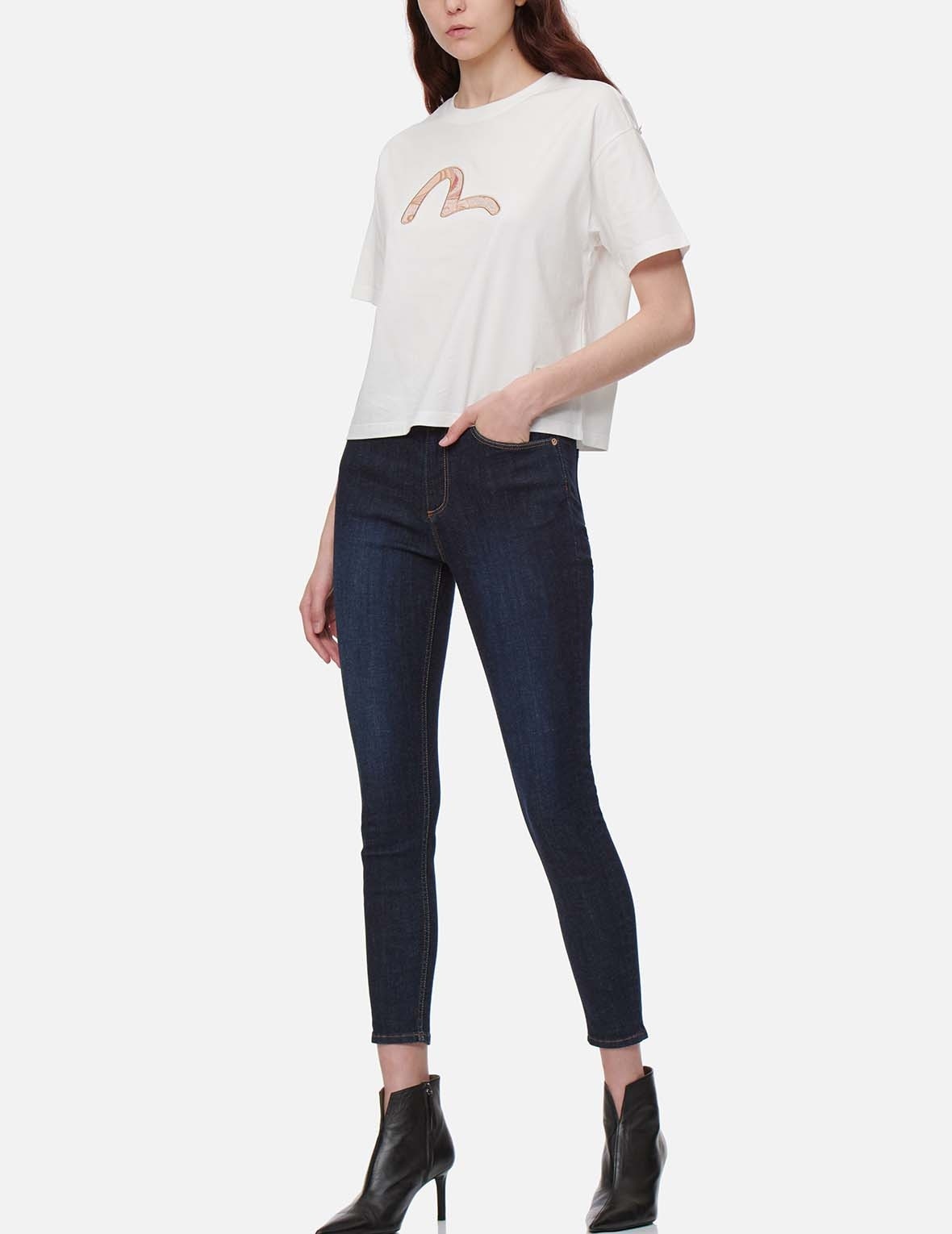 PEONY-PATTERN SEAGULL AND KAMON EMBROIDERY SKINNY JEANS - 6