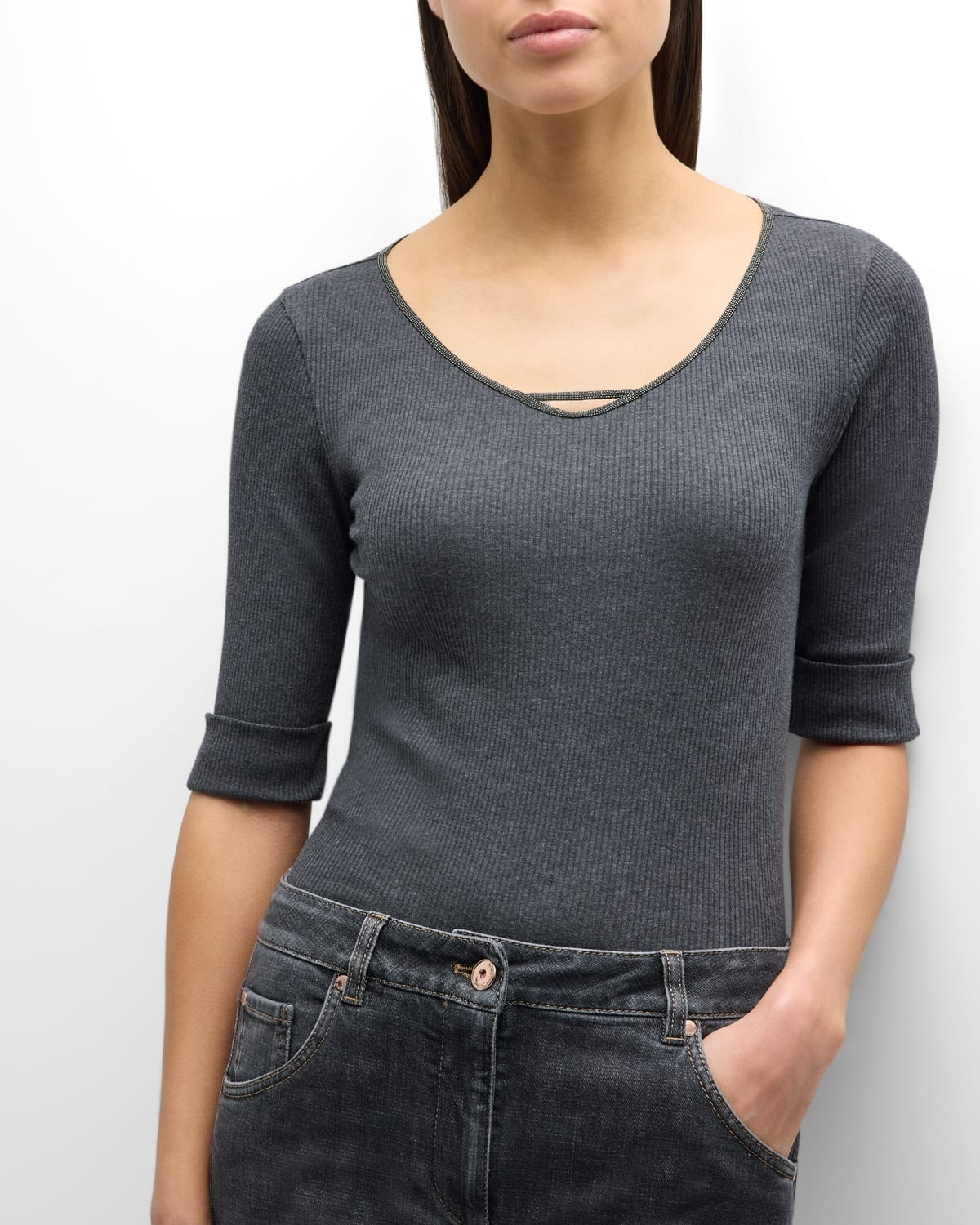 Cotton Stretch Ribbed Top with Monili Neckline - 7