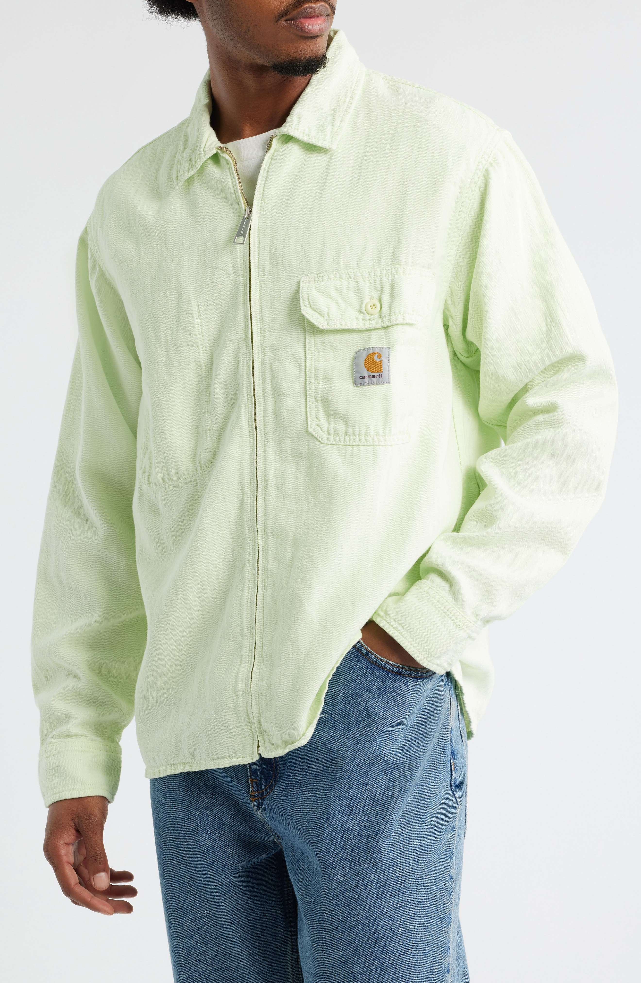 Carhartt Work In Progress Rainer Cotton & Linen Herringbone Zip Jacket in Air Green (Garment Dyed) a - 4