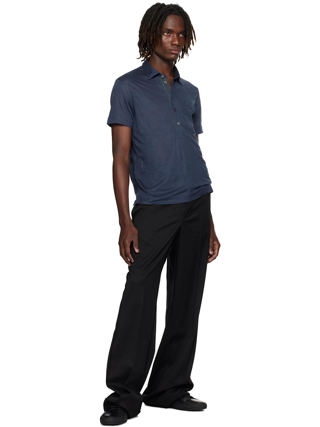 Navy Silk & Linen Polo - 4