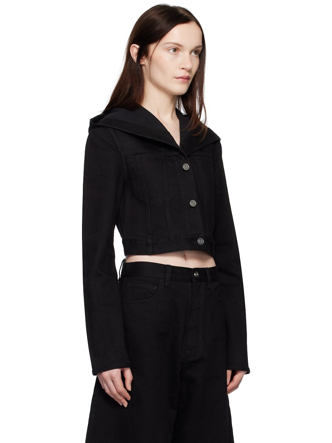 Black Cropped Hooded Denim Jacket - 2
