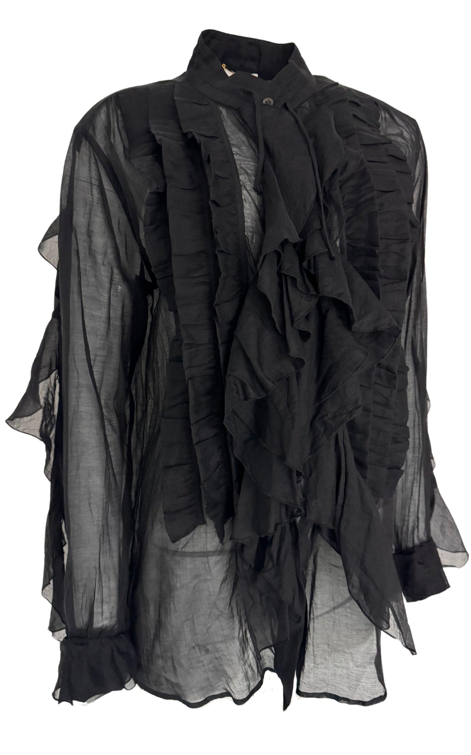 Black Ruffle Cotton Silk Blend Shirt - 6