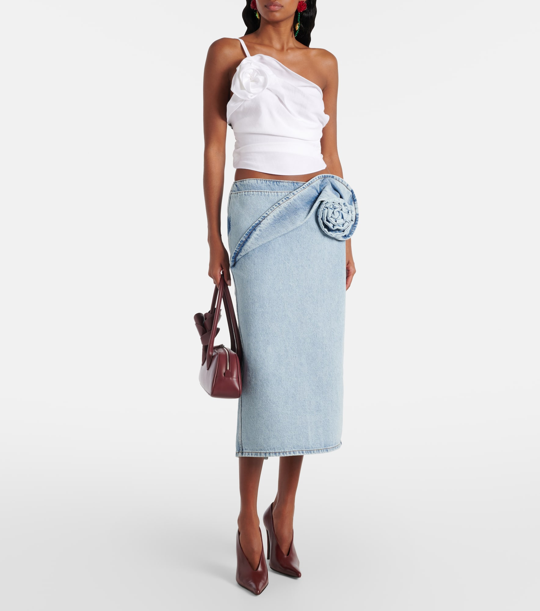Floral-appliqué draped one-shoulder top - 2