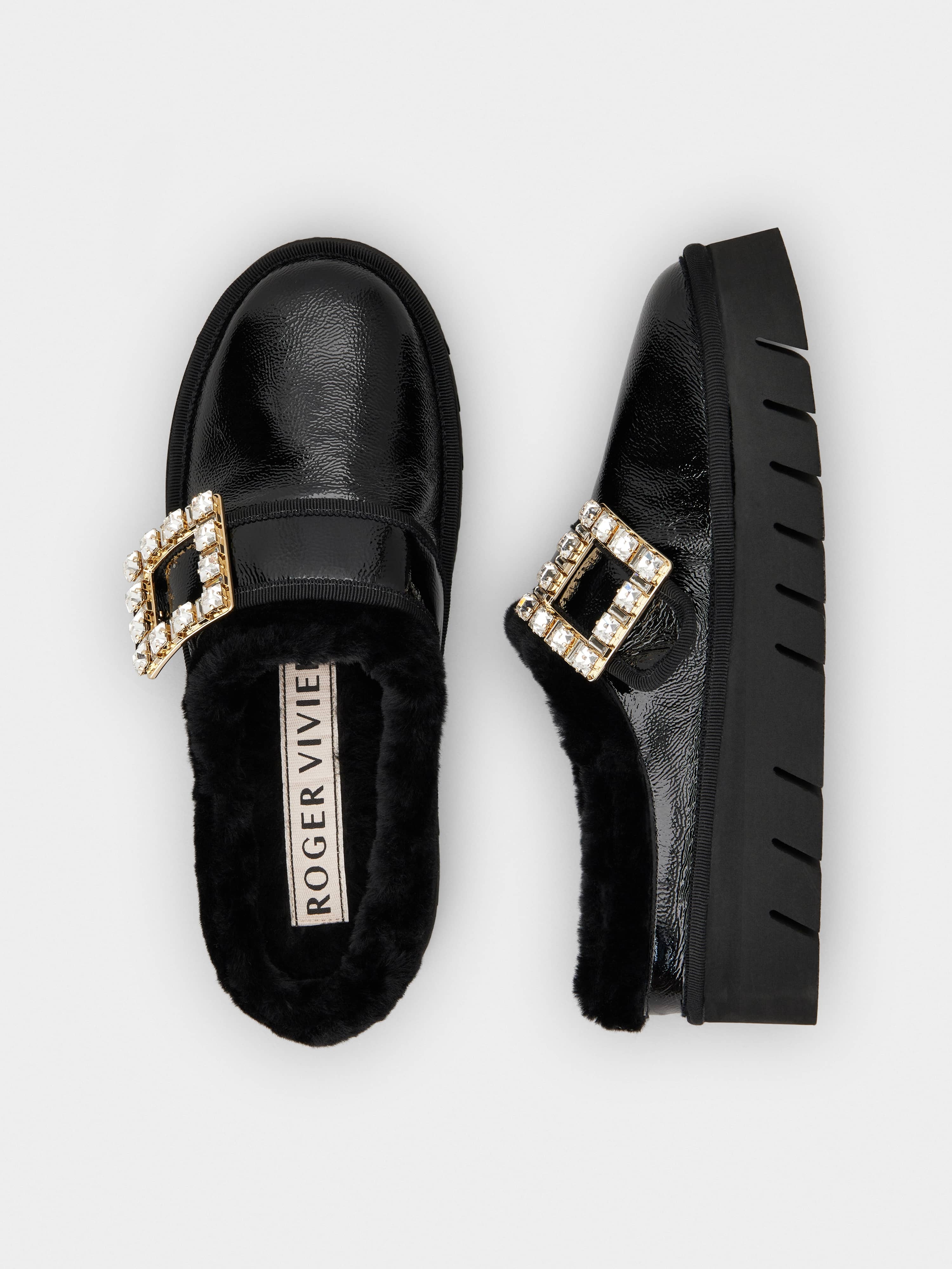 Viv' Winter Fur Strass Buckle Slippers in Patent Leather - 4