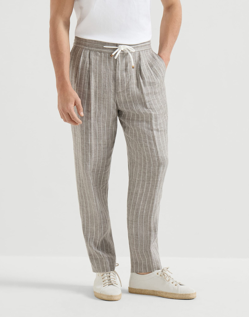 Chalk stripe linen twill trousers with drawstring and double pleats 2