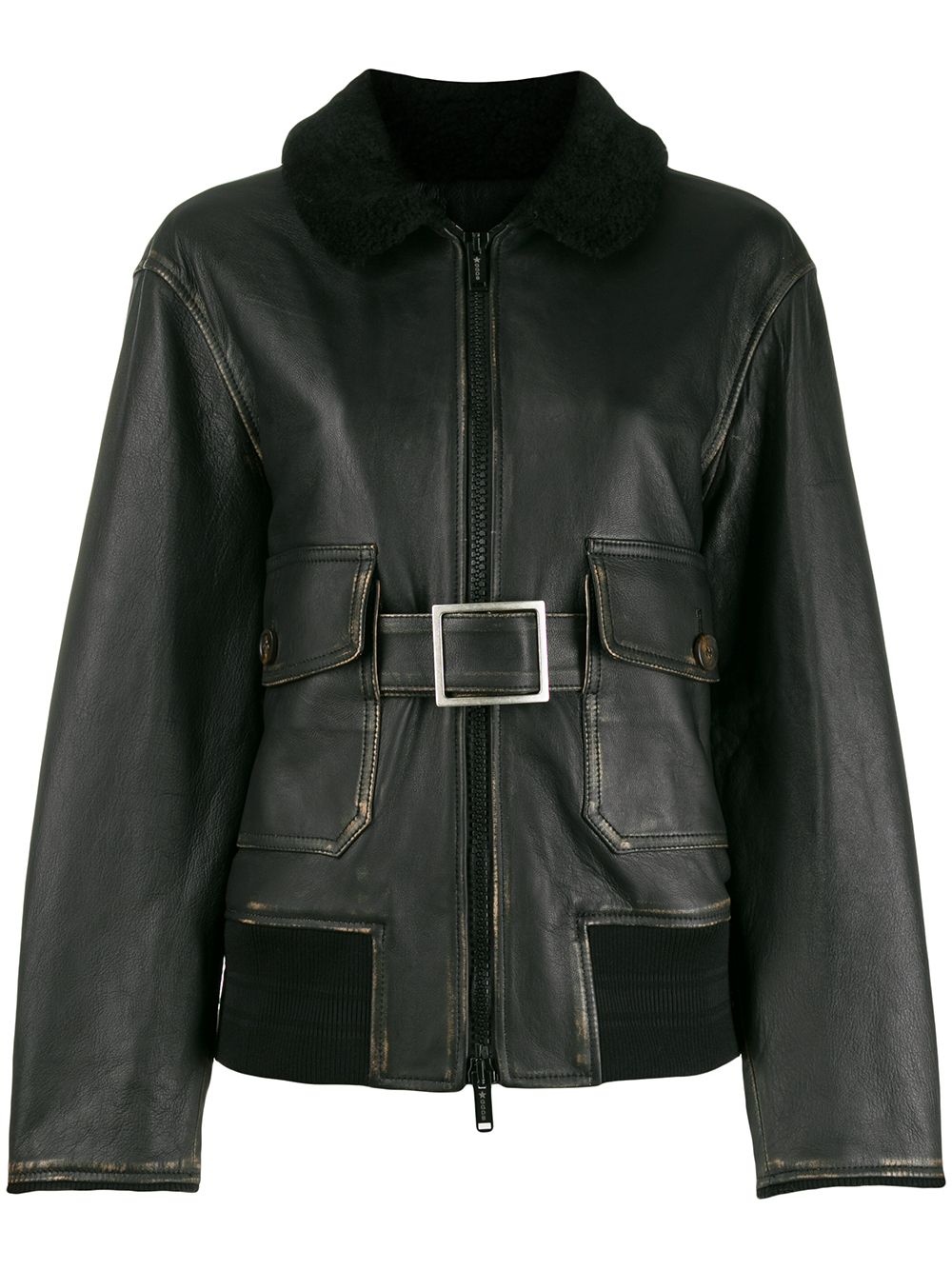 shearling collar belted jacket - 1