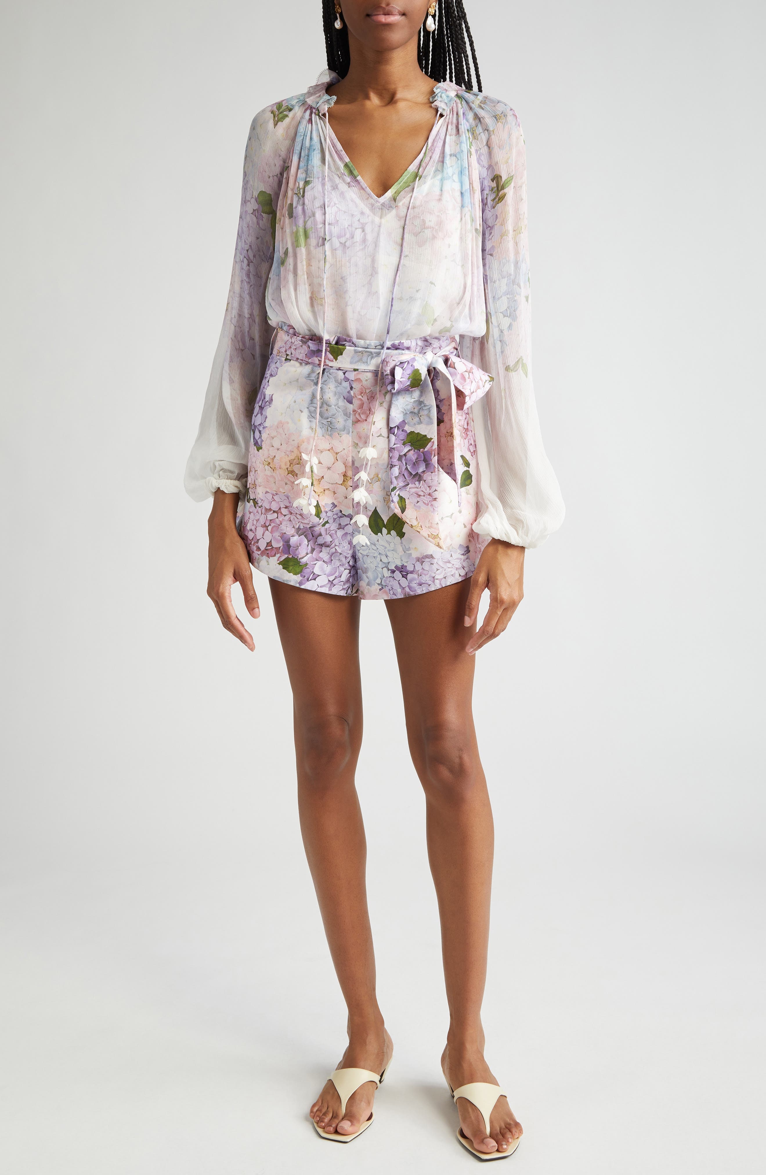 Zimmermann Floral Print Belted Flat Front Silk Shorts in Multi Hydrangea at Nordstrom - 2