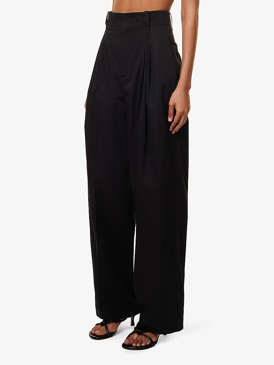 Pleated wide-leg high-rise cotton-blend trousers - 3