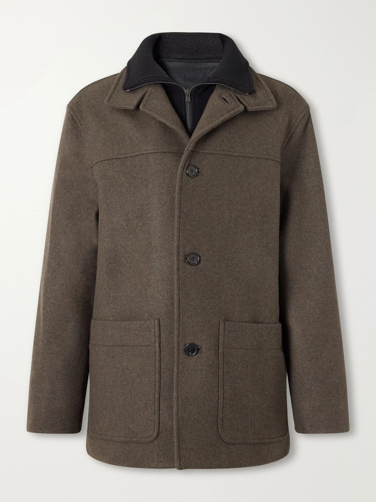 Knit-Trimmed Wool-Blend Melton Coat Brown - 1