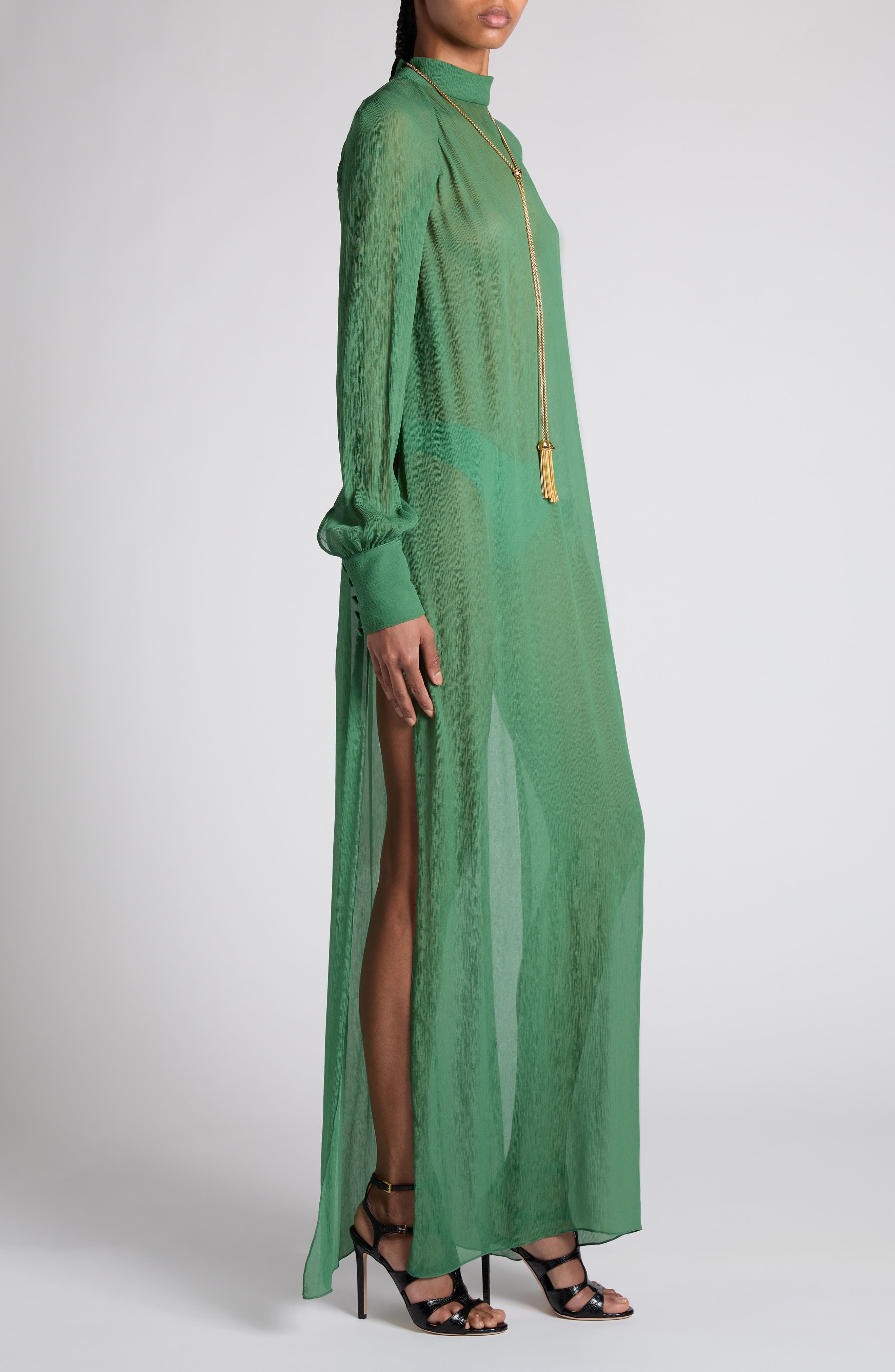 TOM FORD Long Sleeve Silk Crepon Caftan Dress in Fg327 Grass Green at Nordstrom - 3