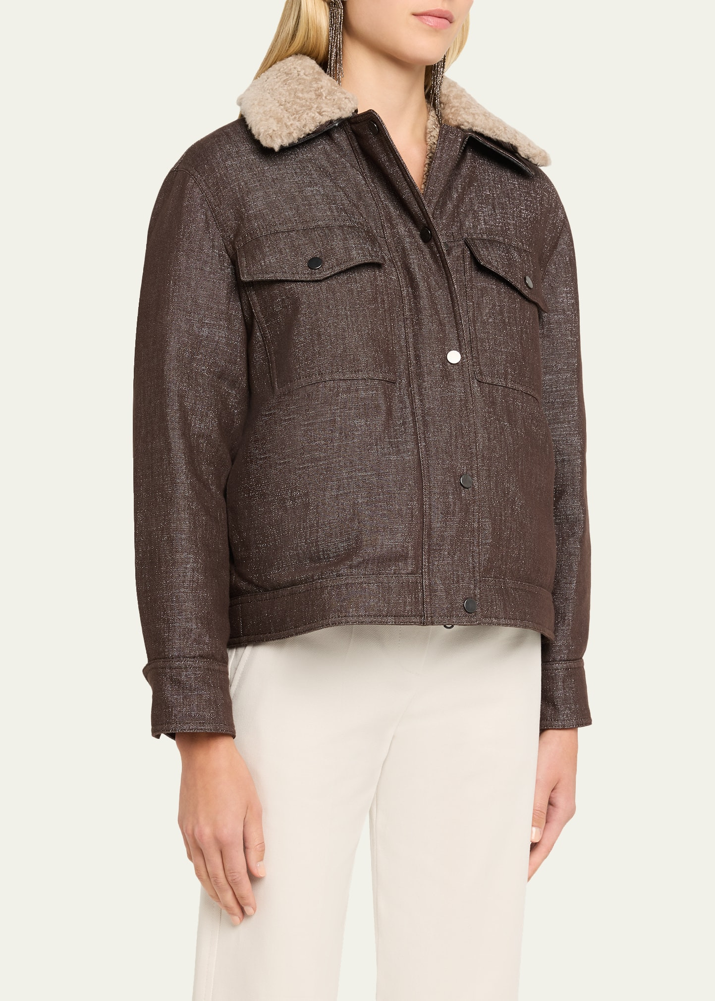 Sparkling Wool-Blend Padded Jacket with Removable Shearling Collar - 4