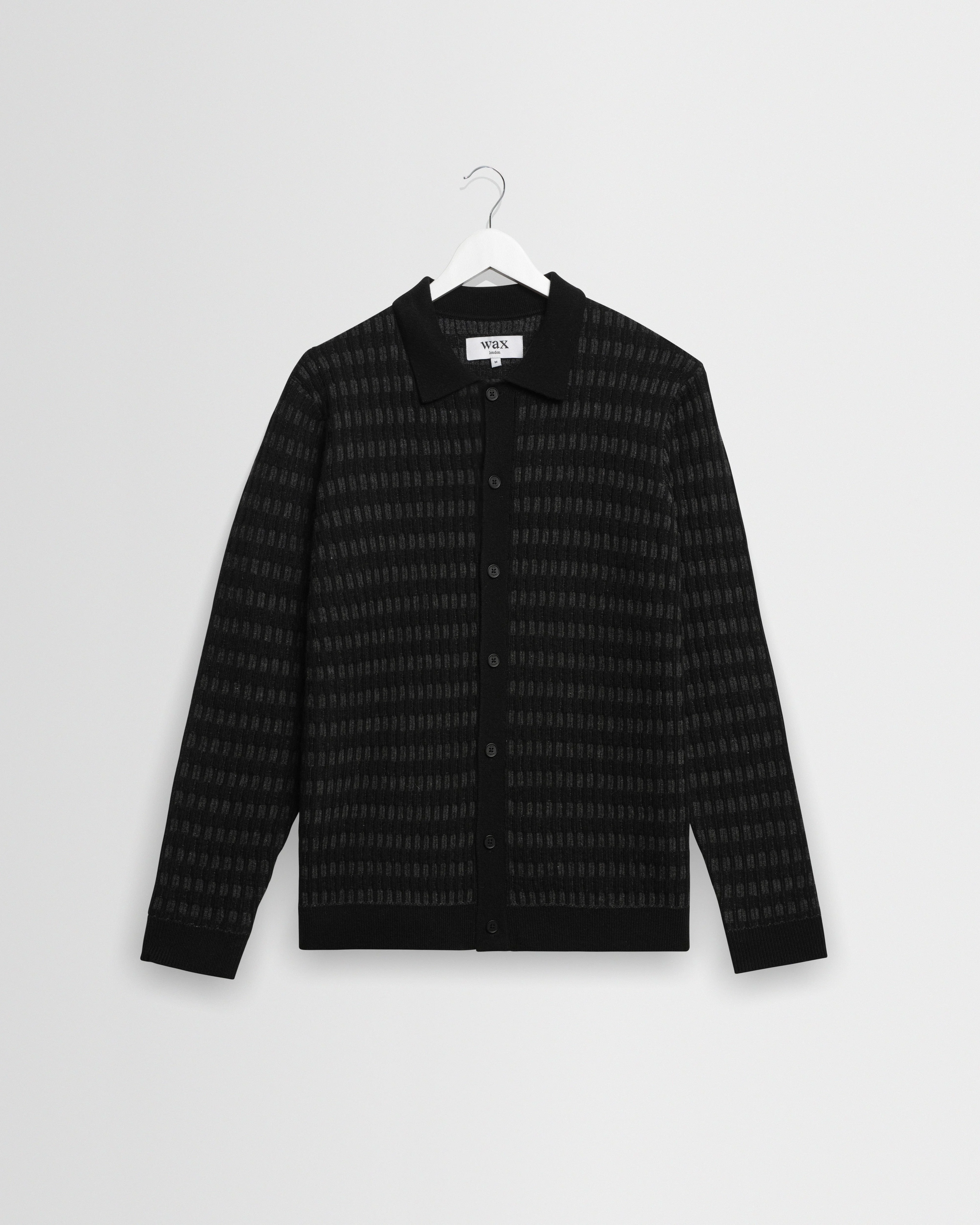 Tristan - Black And Charcoal Rib Check Long-Sleeve Knitted Polo - 1