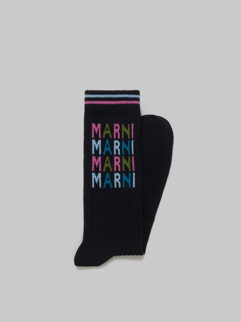 BLACK RIBBED COTTON SOCKS WITH MULTICOLOURED LOGOS - 2