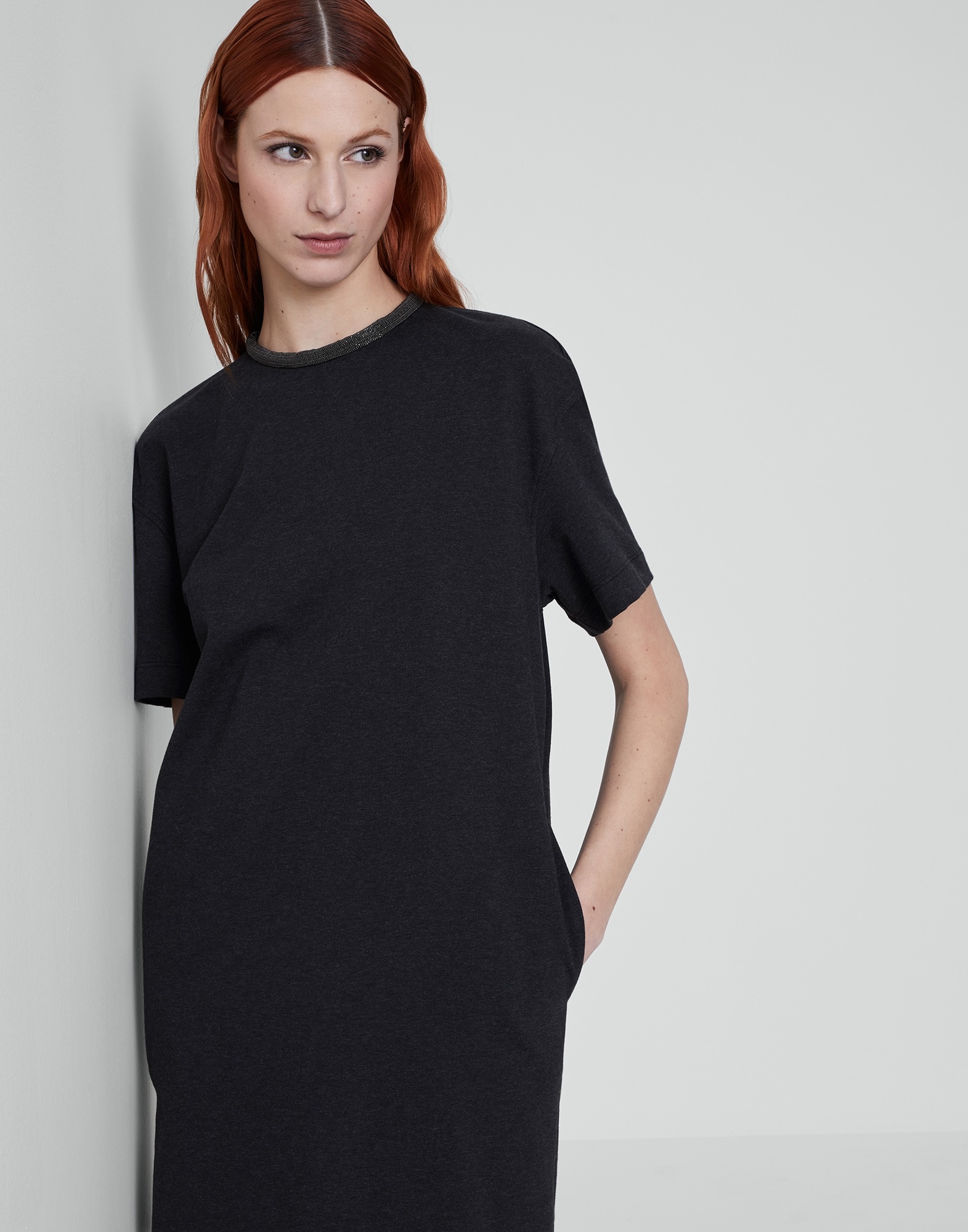 Stretch cotton lightweight French terry dress with precious neckline - 4