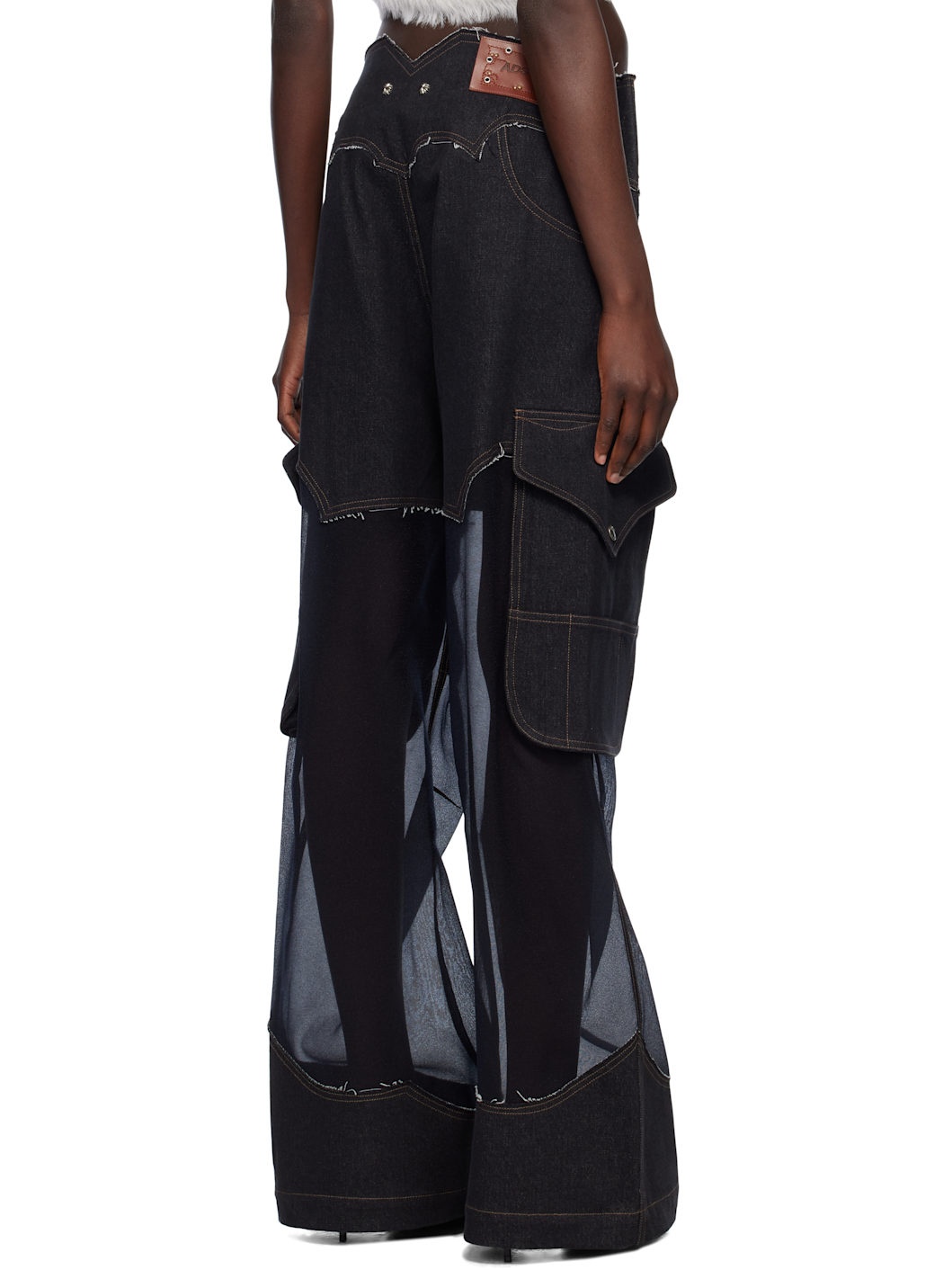 Black Sheer Denim Cargo Pants - 3