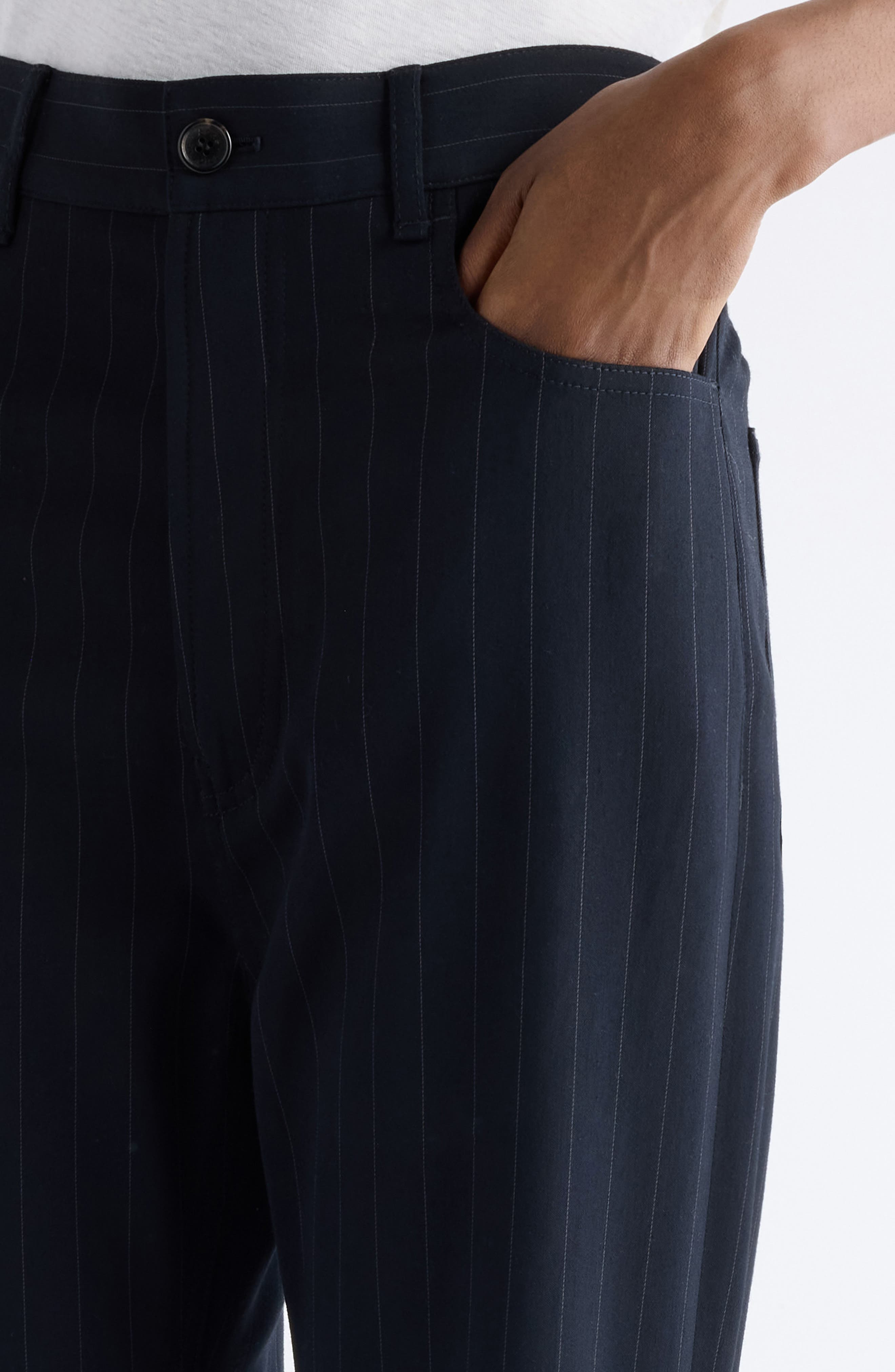 Acne Studios Poltana Fluid Pinstripe Bootcut Trousers in Navy at Nordstrom - 5