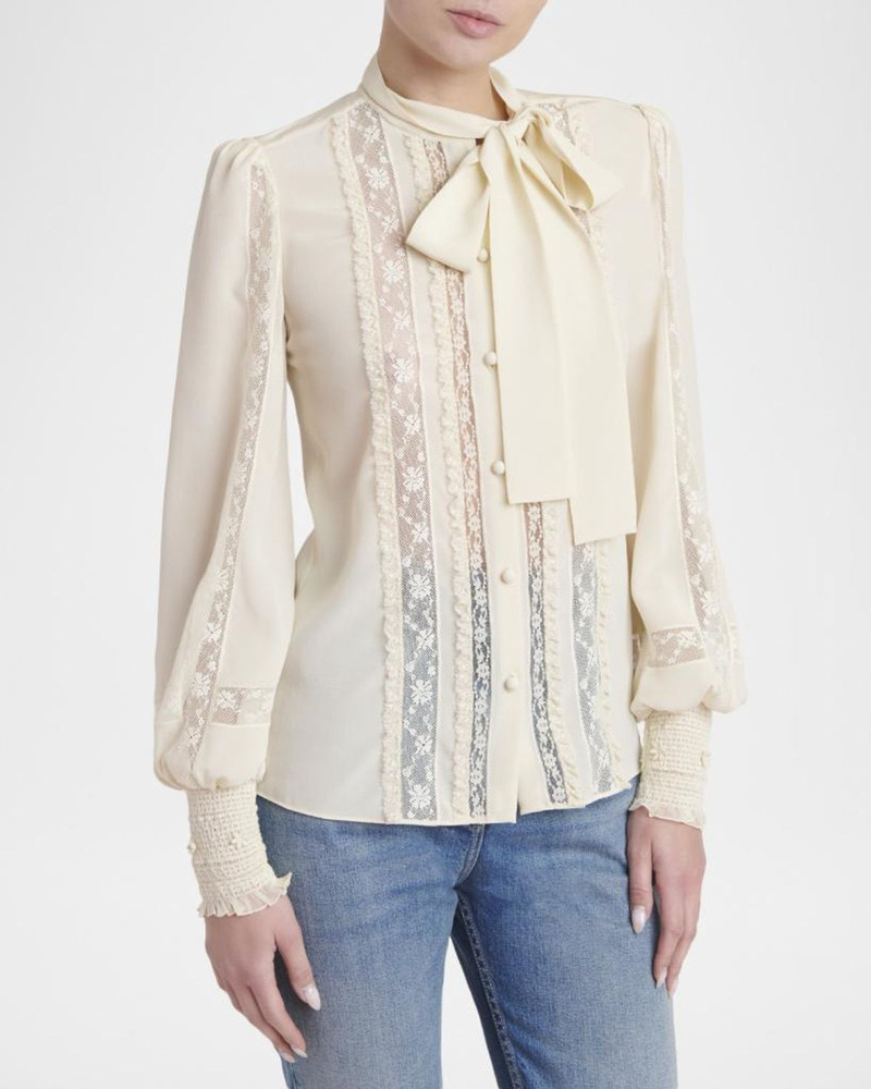 Lace-Inset Ruffle Bow-Neck Silk Shirt 4