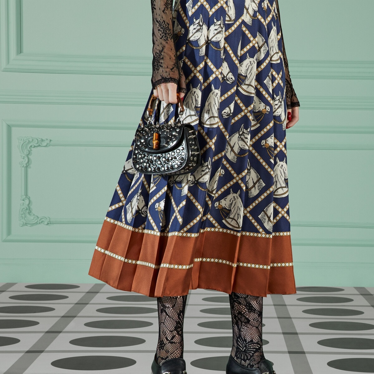 Check equestrian print silk skirt - 3