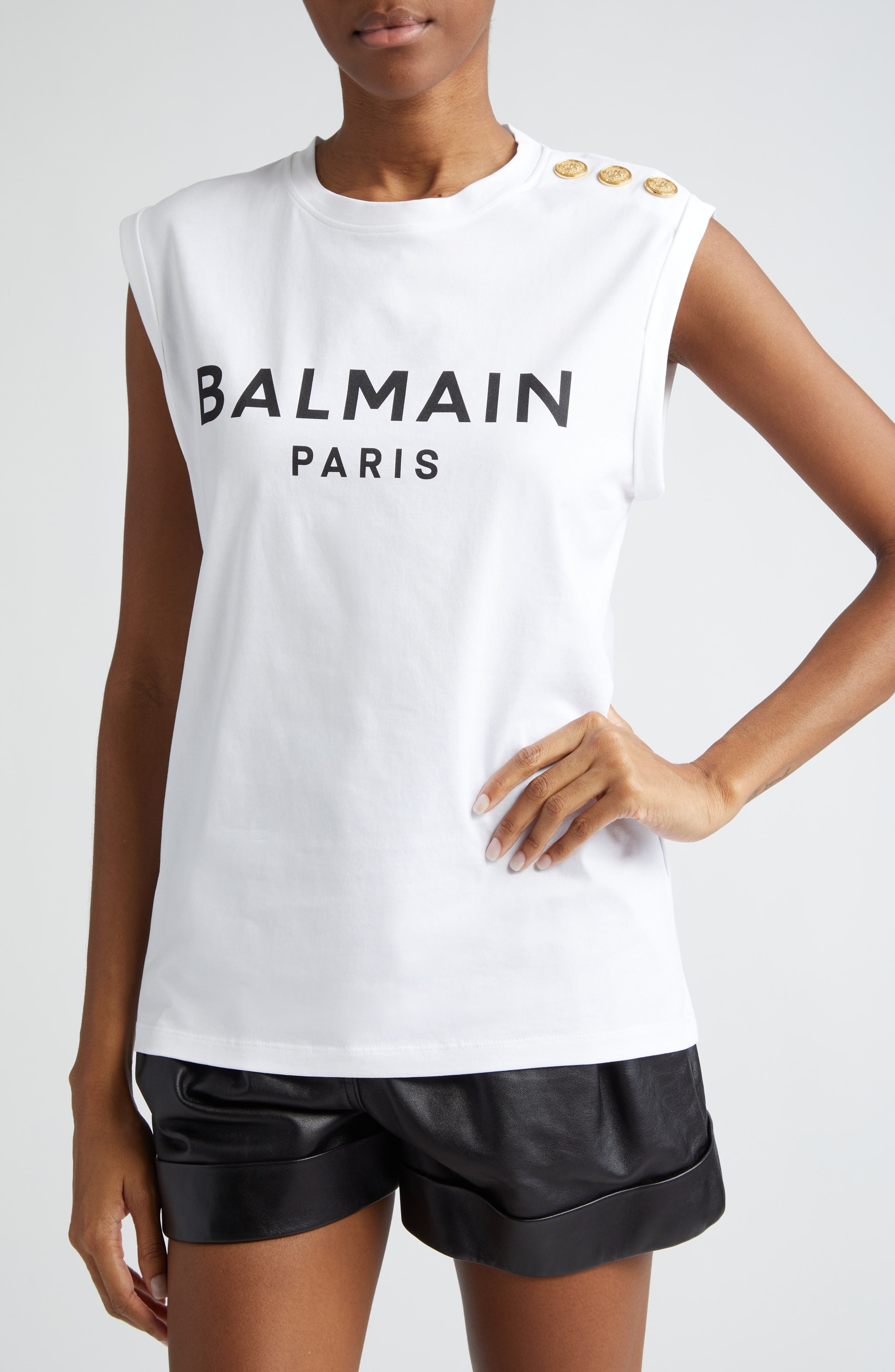 Balmain Cotton Logo Graphic Tank in White/Black at Nordstrom - 5