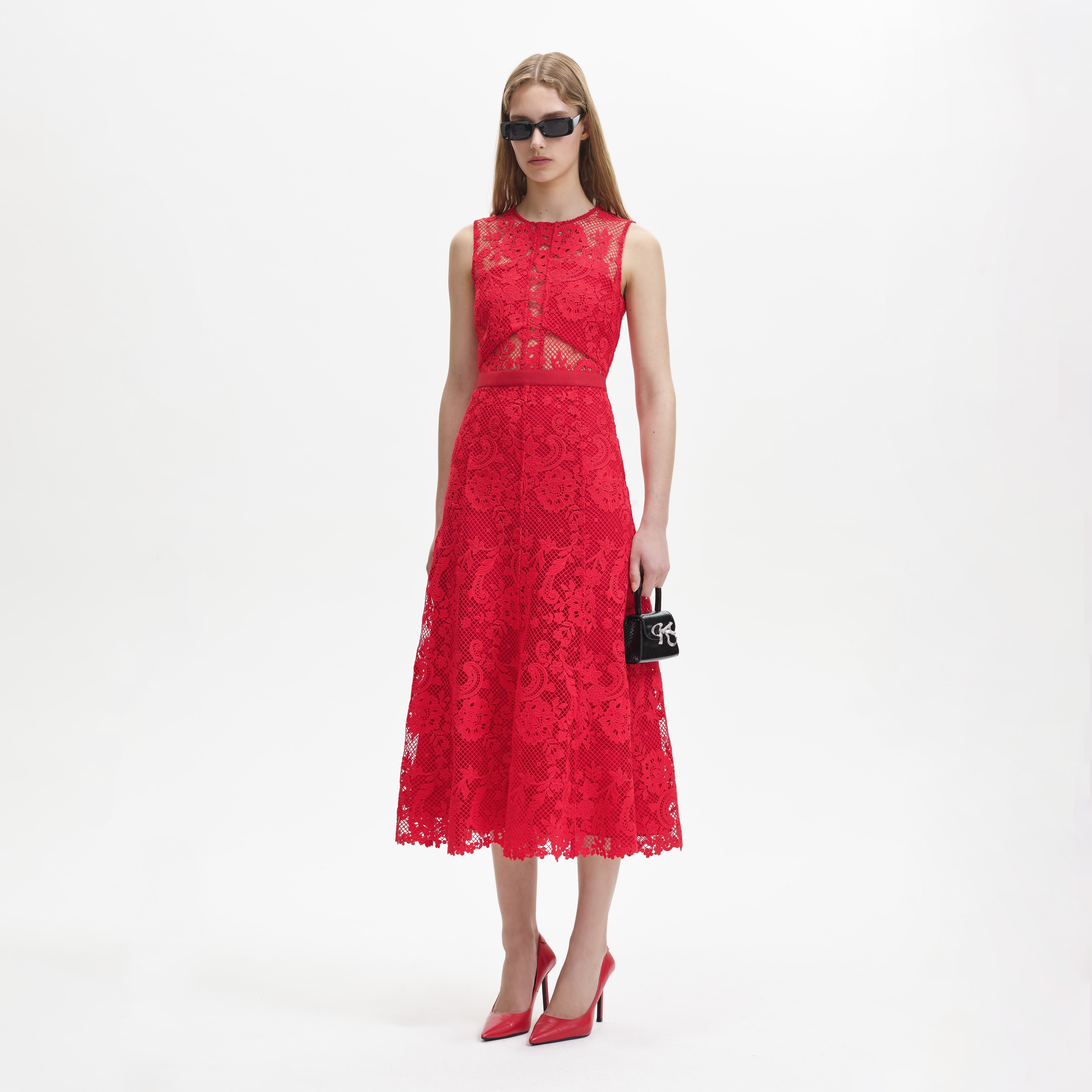 Red Lace Open Neck Midi Dress