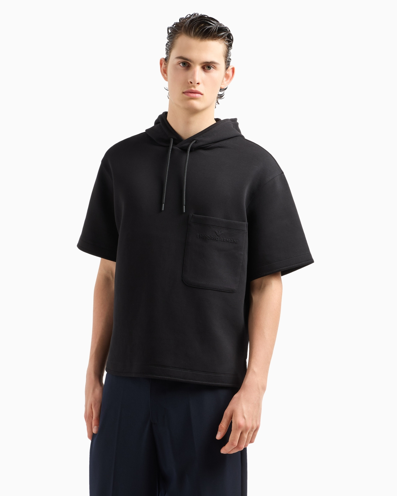Short-sleeved double-jersey hooded sweatshirt with a patch pocket - 2