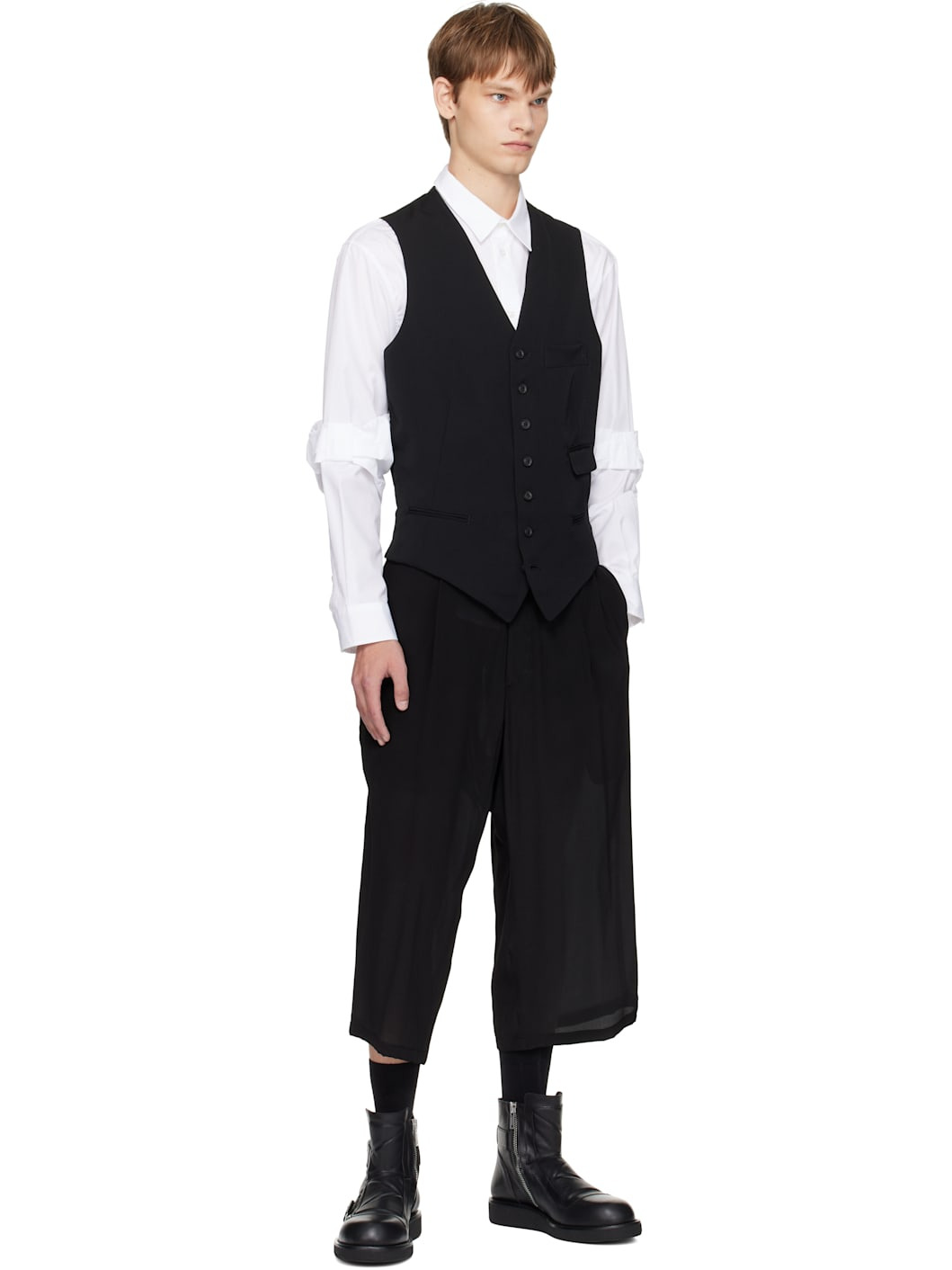 Black Wool Gabardine 7Buttons Waistcoat - 4