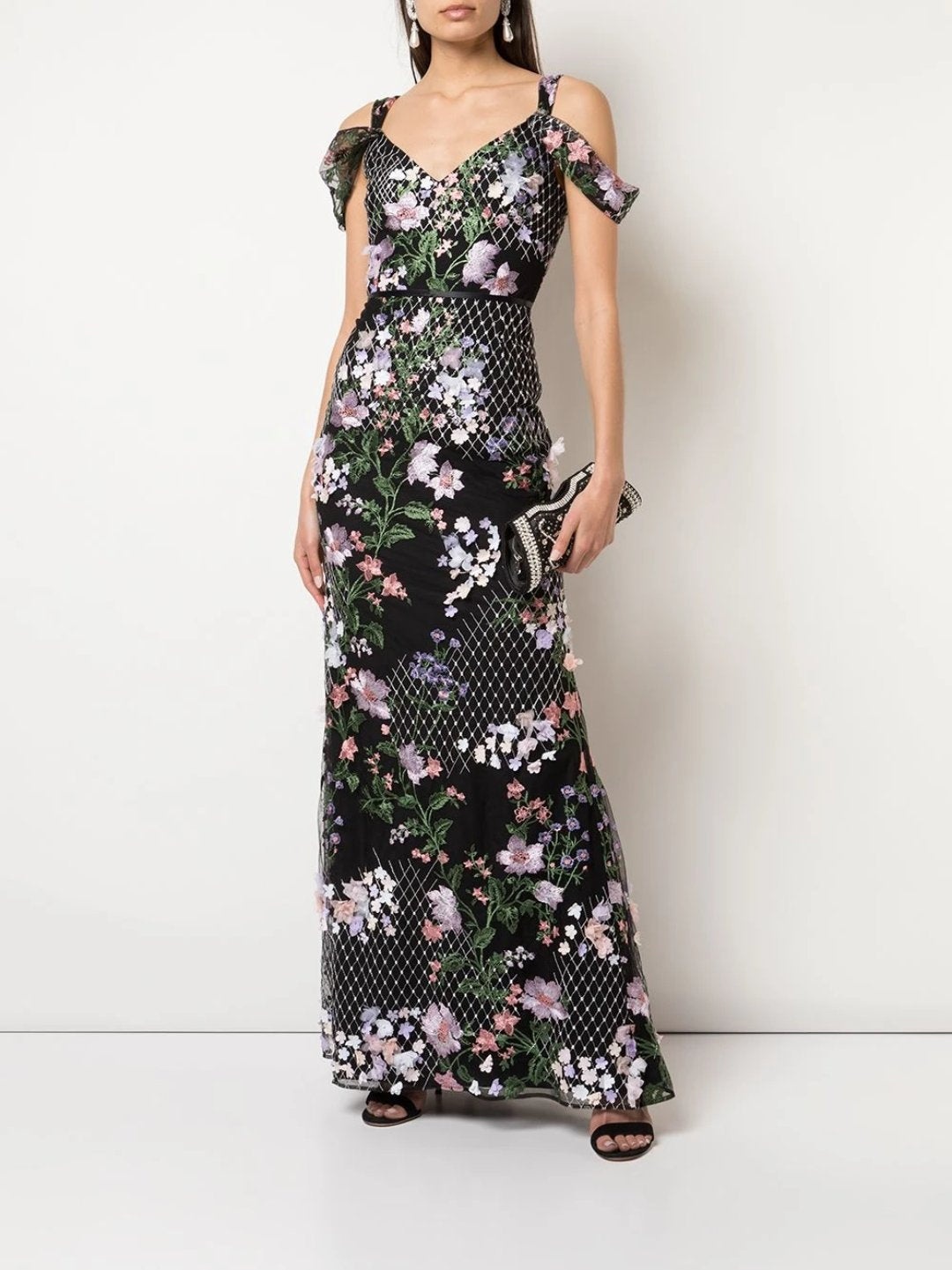 DRAPED 3D FLORAL FIT-TO-FLARE GOWN - 1