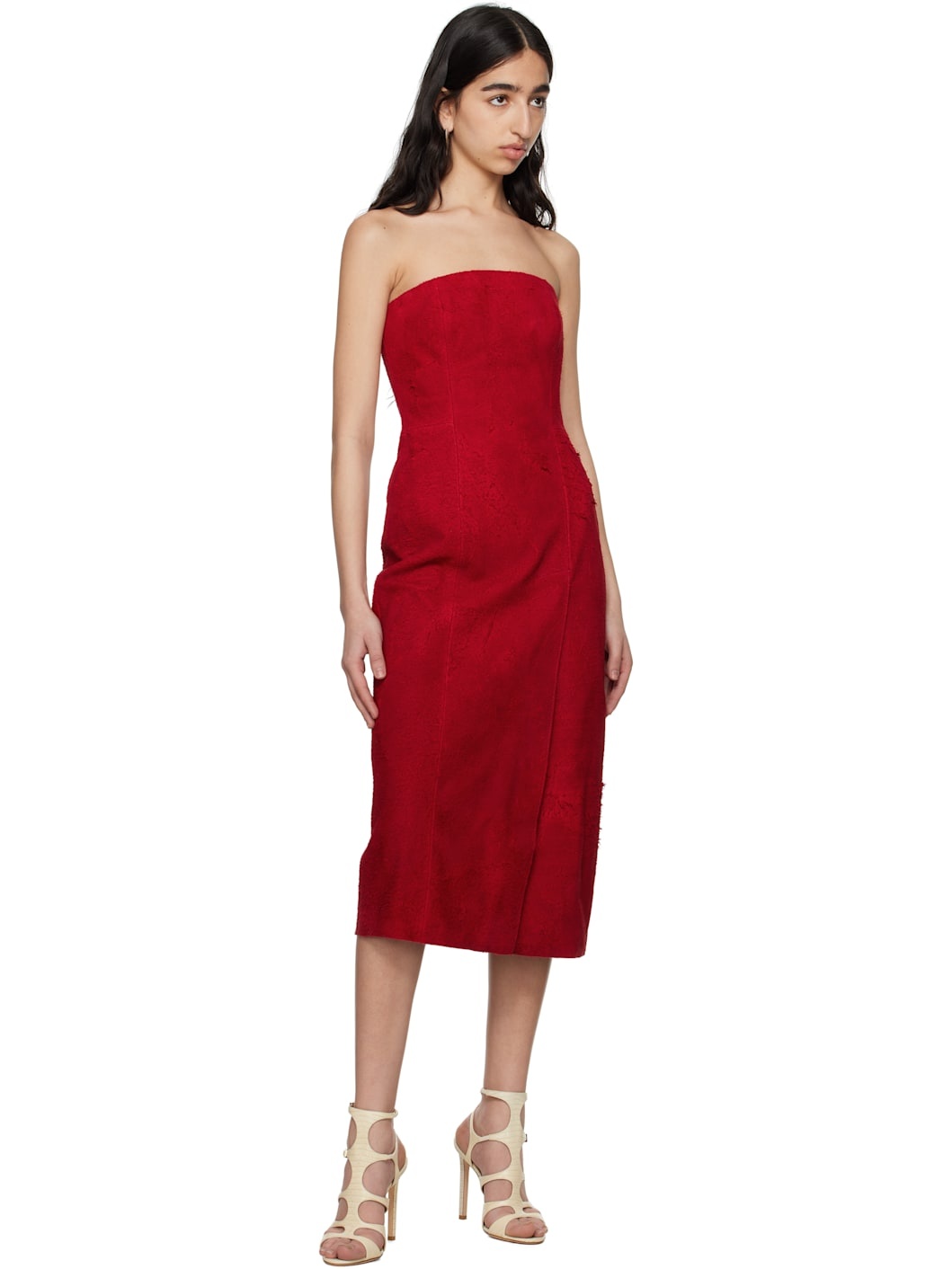 Red Strapless Suede Midi Dress - 4