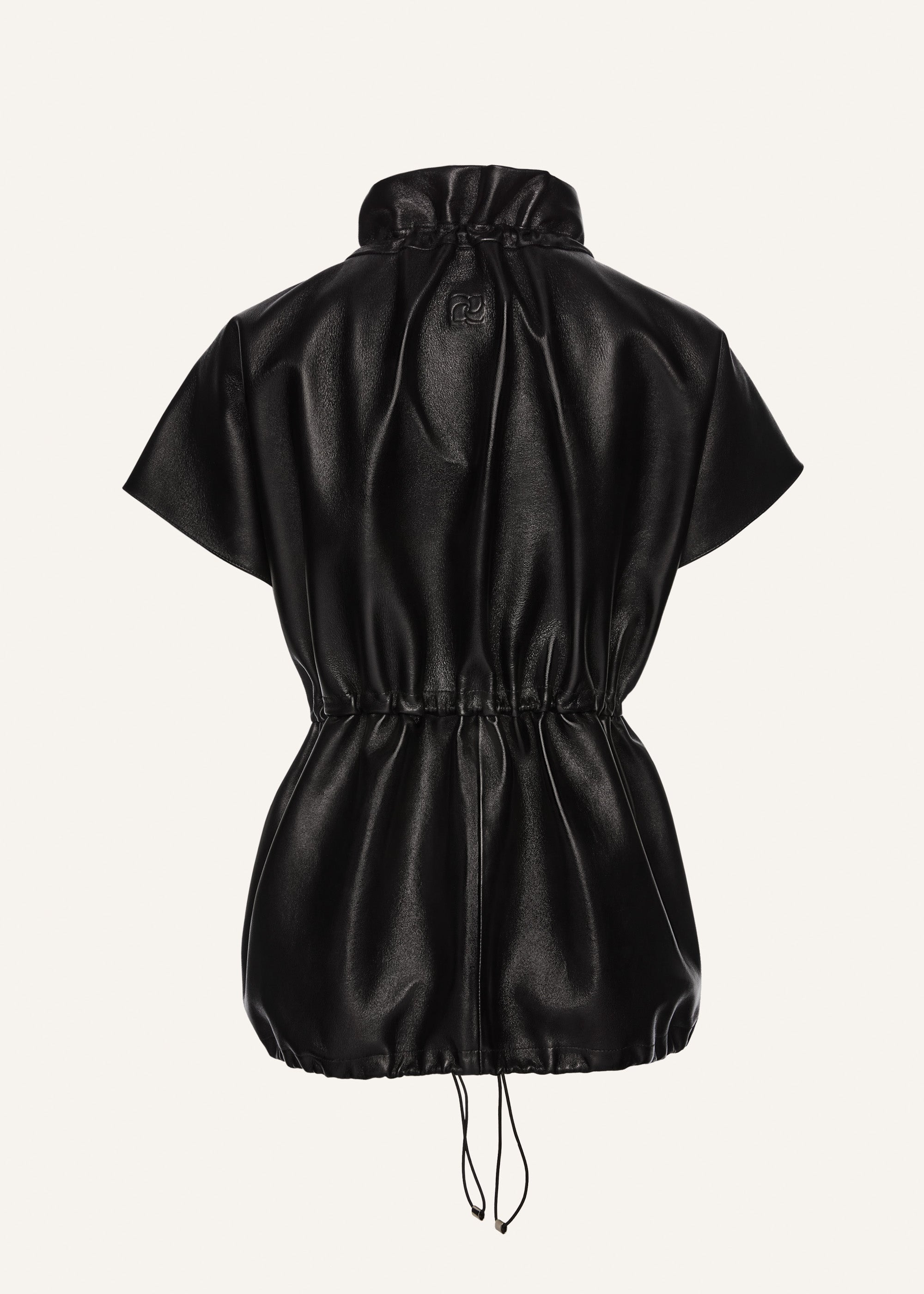 Elasticized leather peplum jacket in black - 2