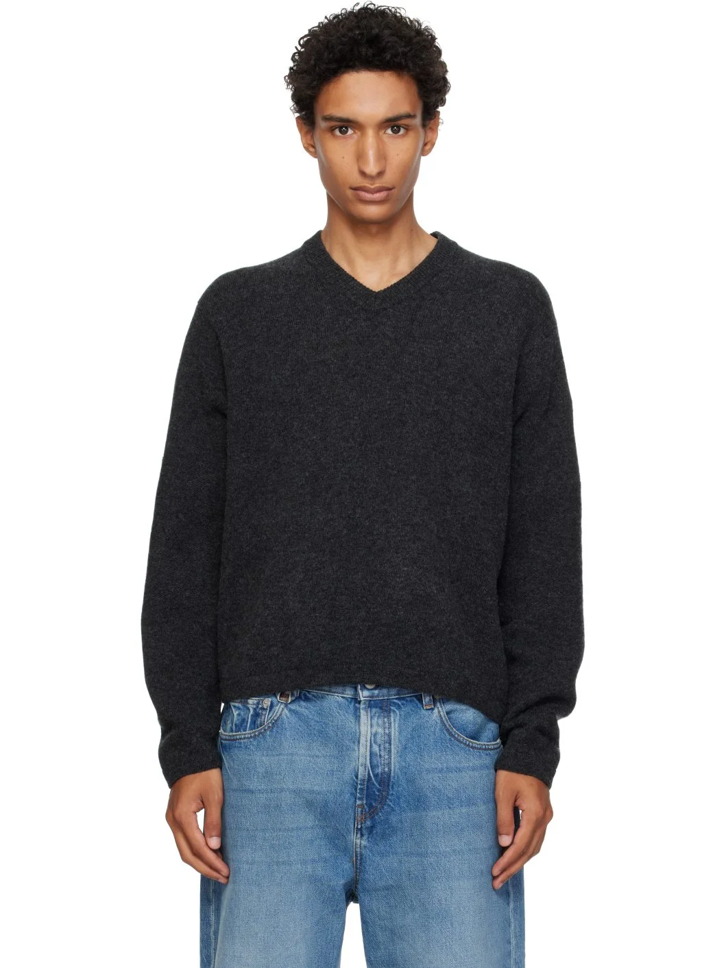 Gray Wool V-Neck Sweater - 1