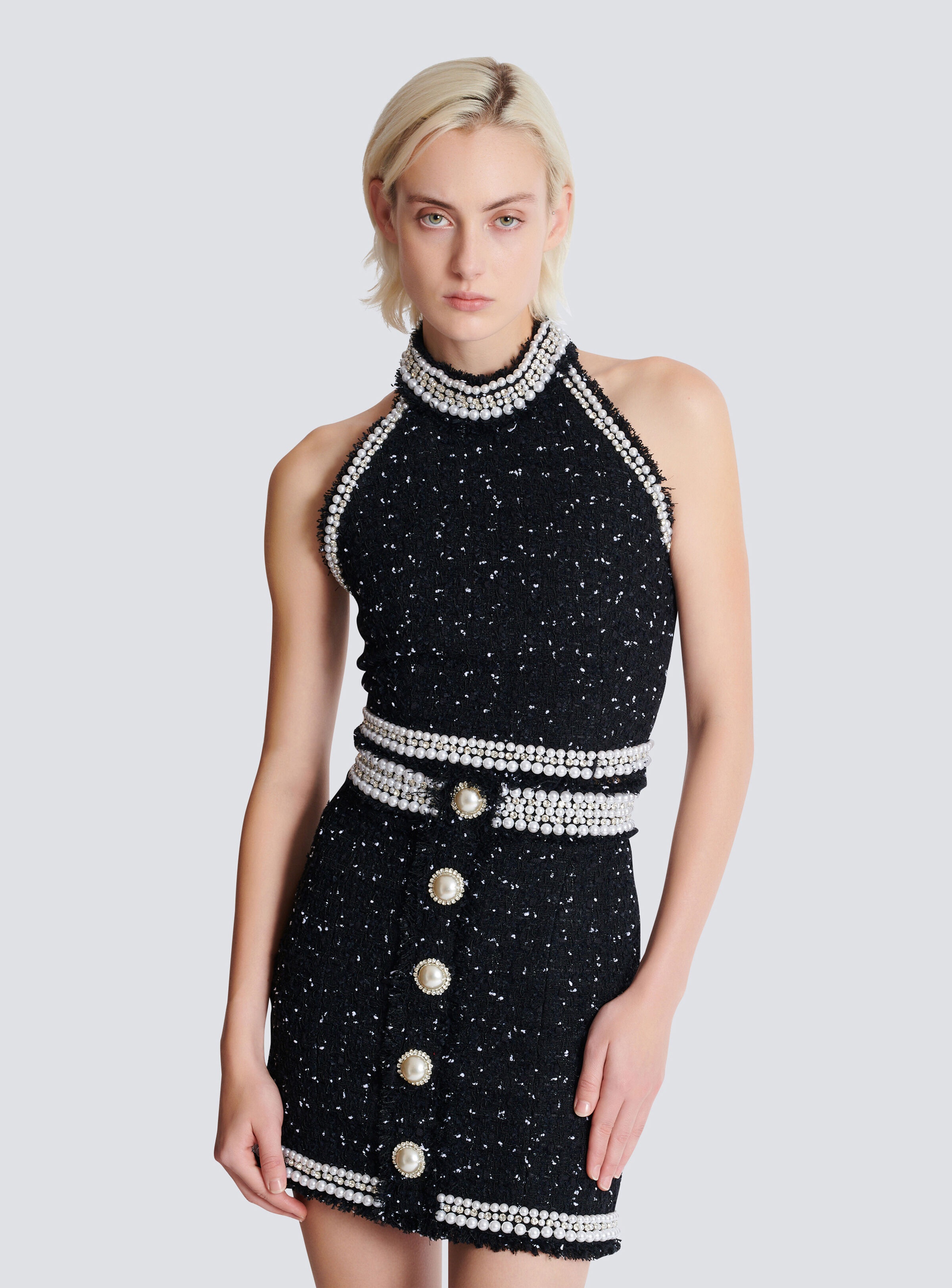 Embroidered polka-dot tweed halterneck top - 7