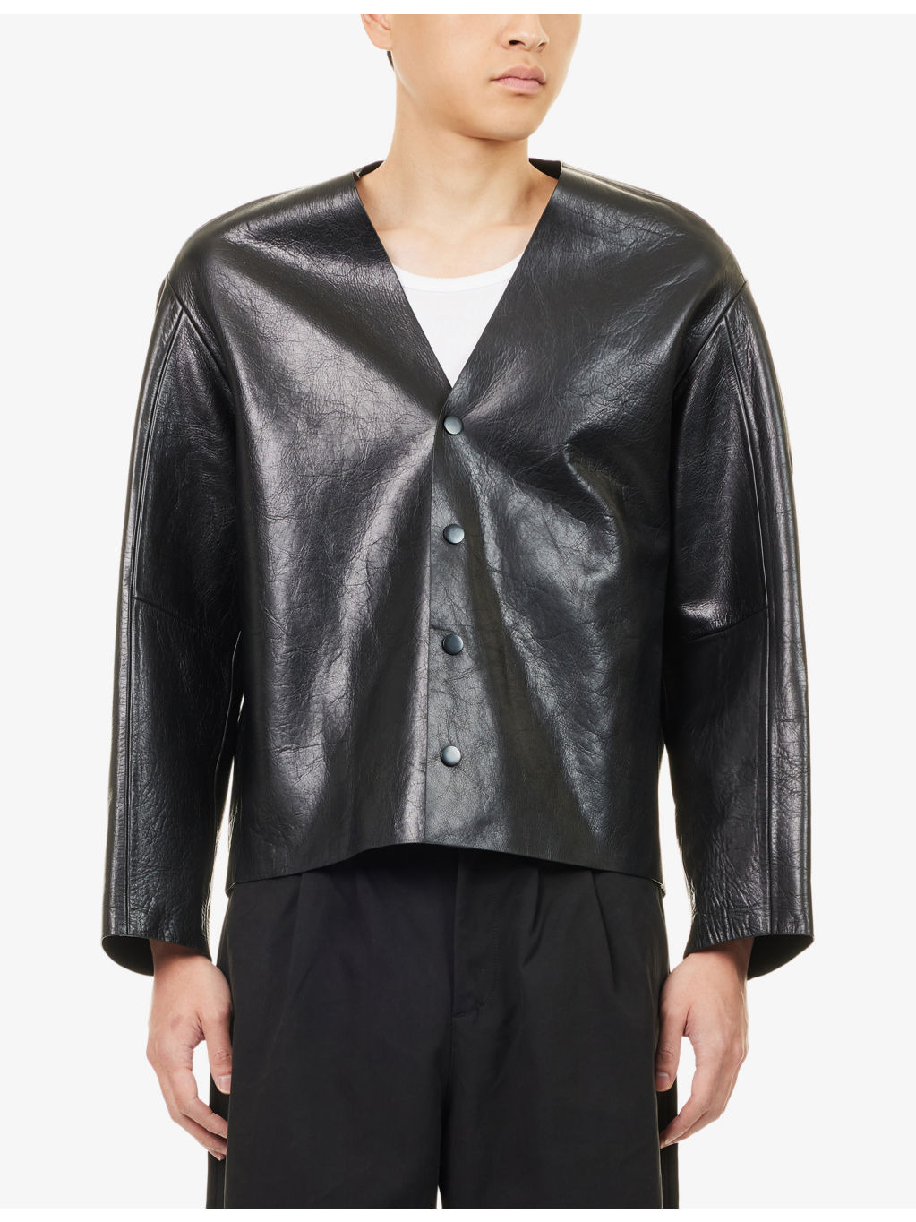 Minimal V-Neck Leather Jacket - 3