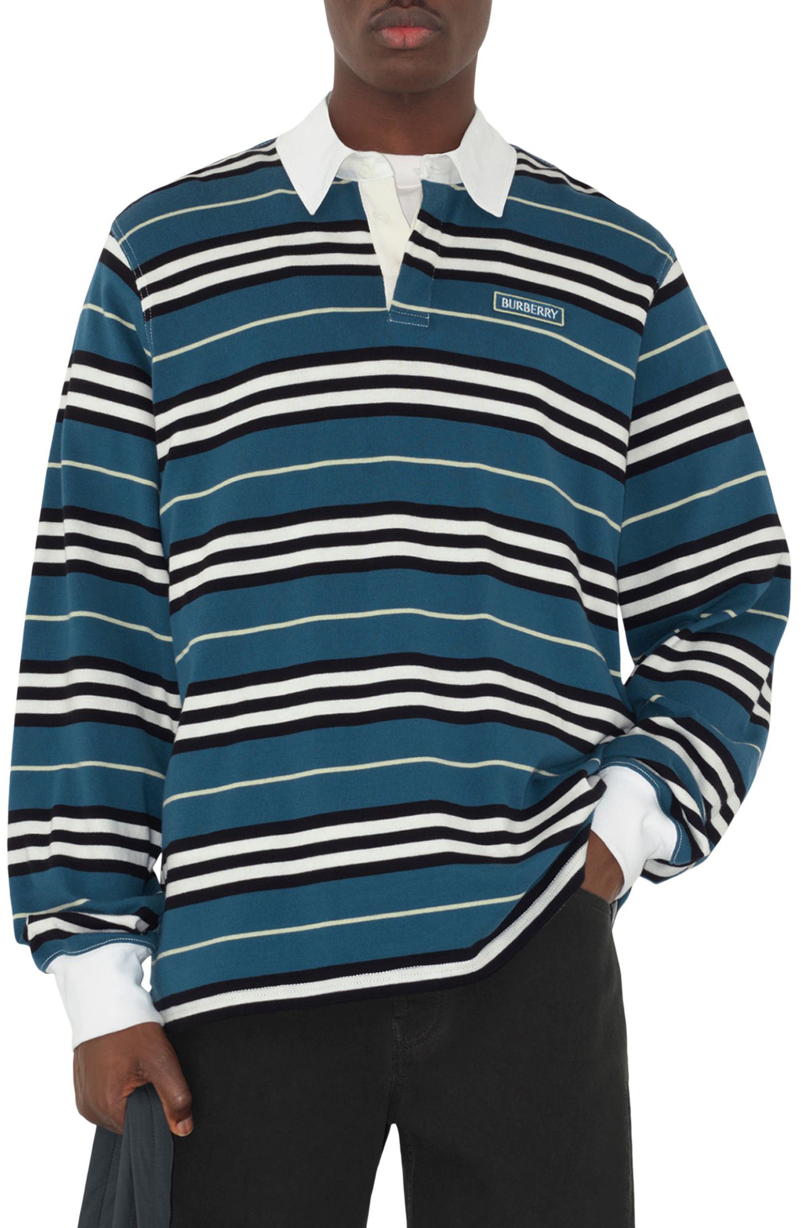 burberry Stripe Long Sleeve Cotton Polo in Anchor Pattern at Nordstrom - 1