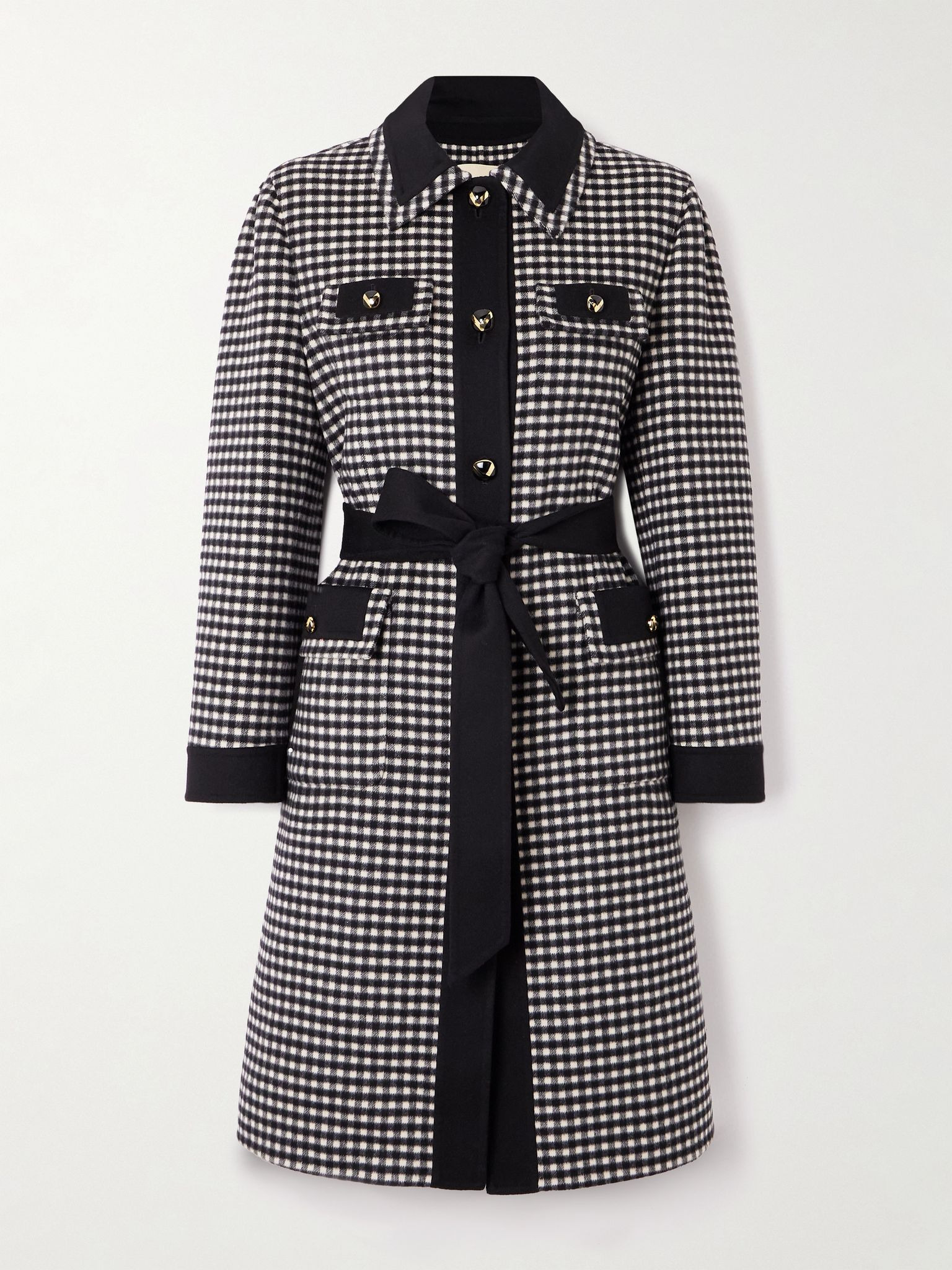 Belted checked wool and cashmere-blend coat Black - 1