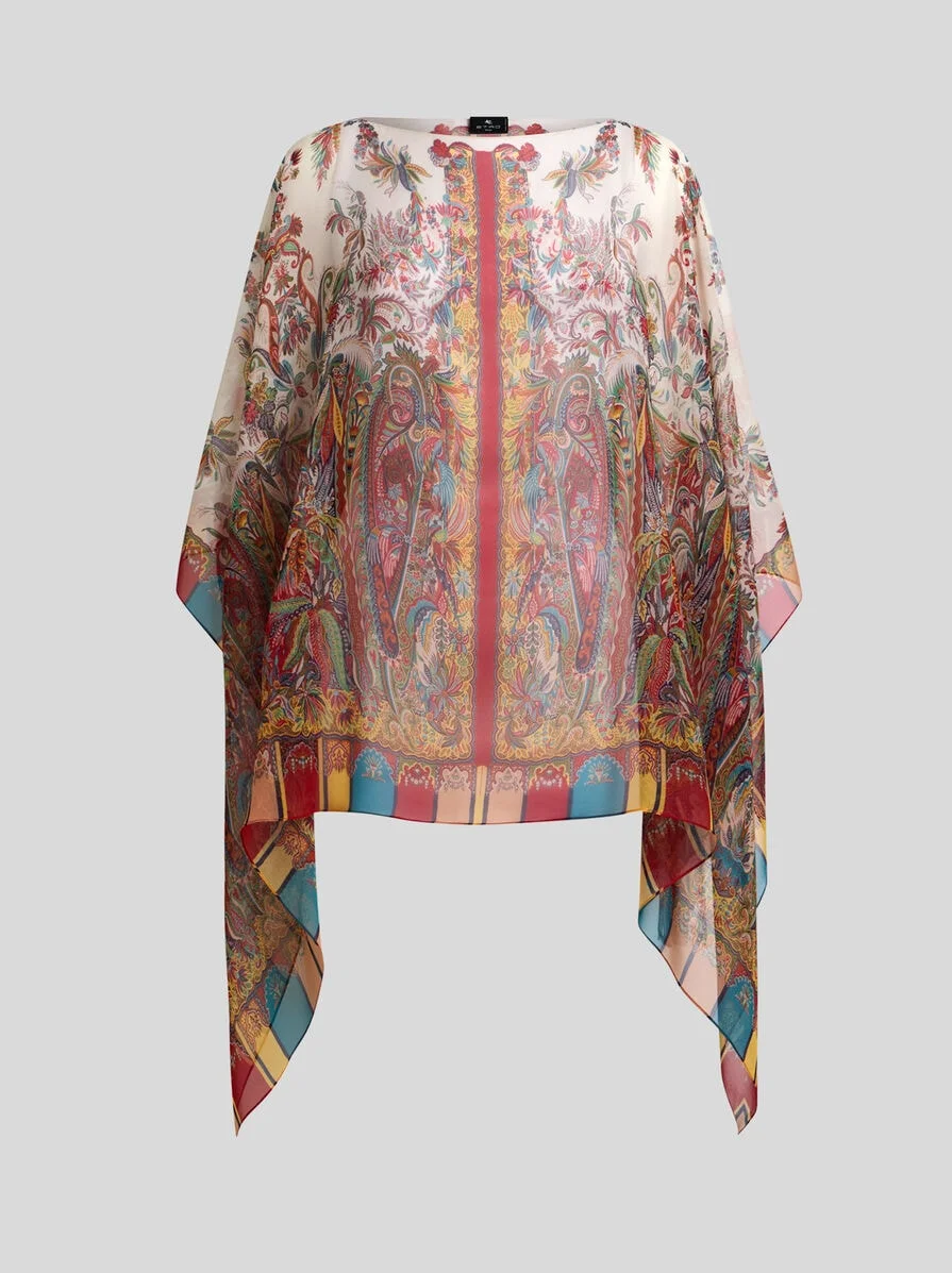 SILK PONCHO TOP WITH PAISLEY FOLIAGE MOTIF - 1