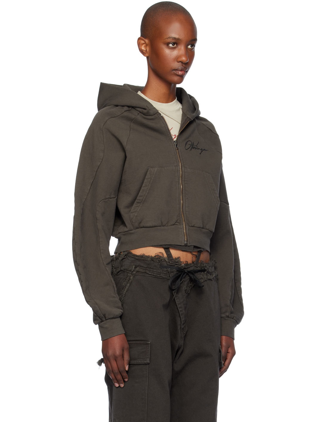 Brown Multiline Zip Hoodie - 2