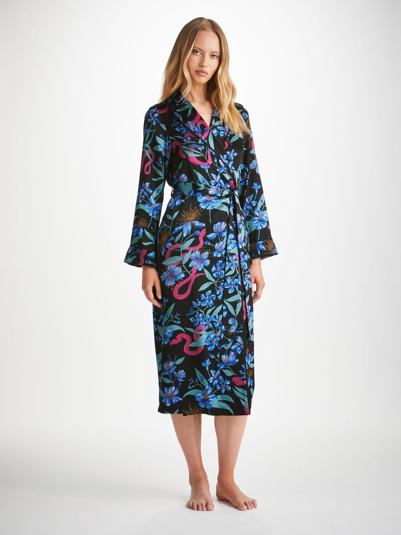 Derek Rose Women's Long Dressing Gown Brindisi 101 Silk Satin Black outlook