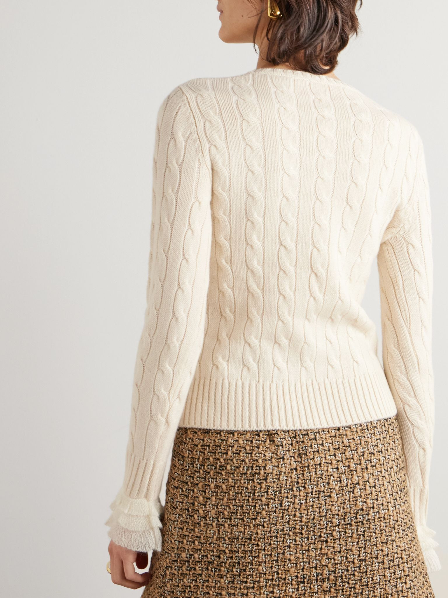 Ruffle-trimmed embellished cable-knit cashmere sweater Ivory - 4