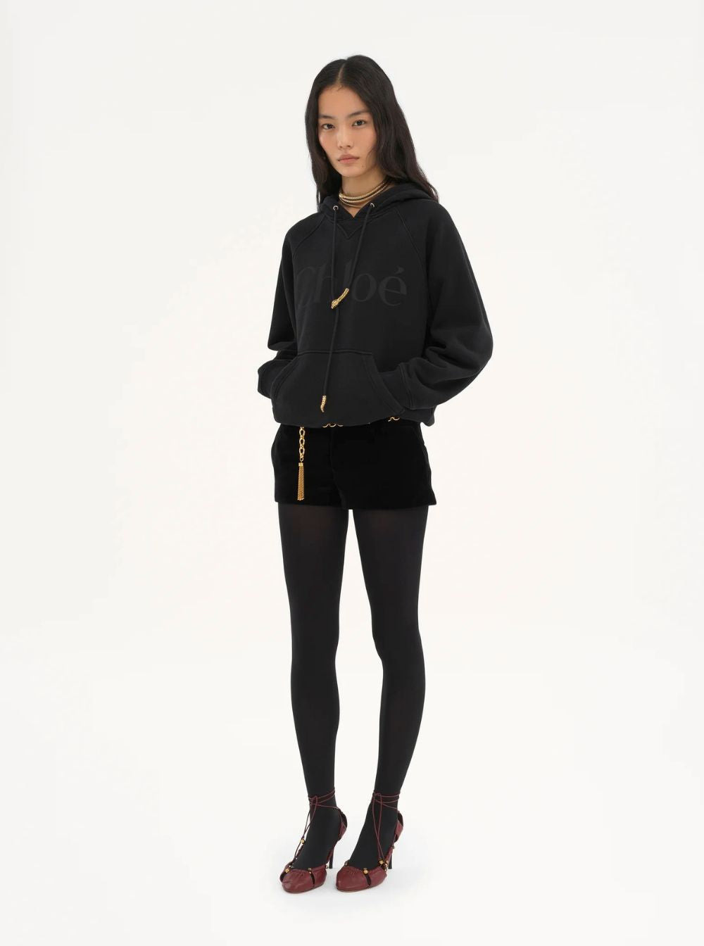 Chloé Women Black Hoodie With Lettering Logo Printed On The Front And Metallic Pendant Detail In Cot - 4