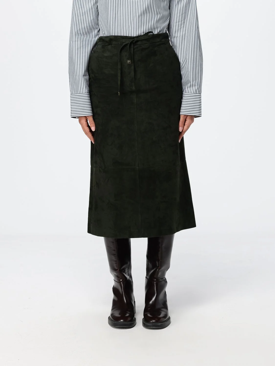 'S Max Mara A-Line Midi Skirt in Suede Leather with Drawstring Waist - 1