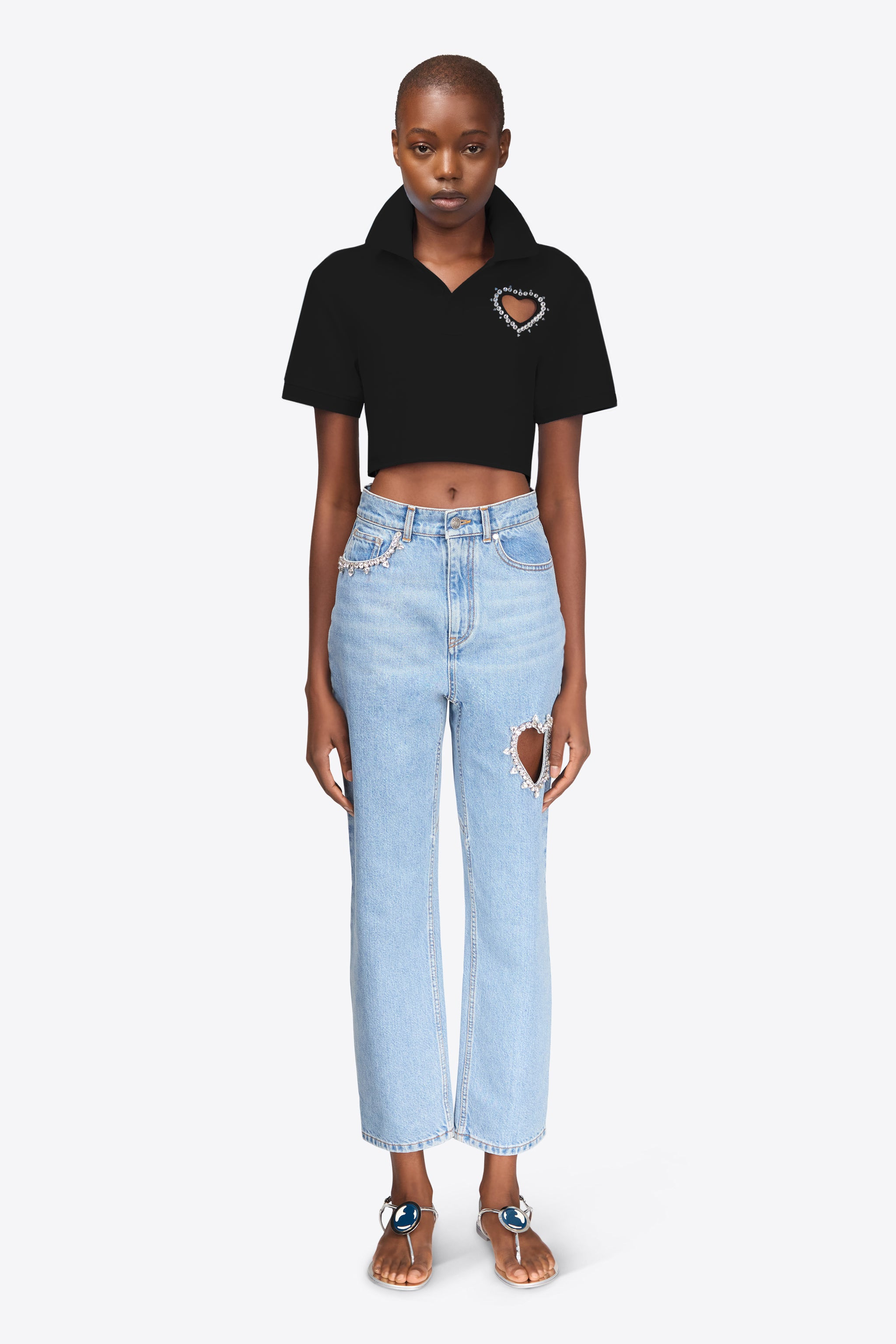 CRYSTAL HEART CUTOUT CROPPED POLO - 3