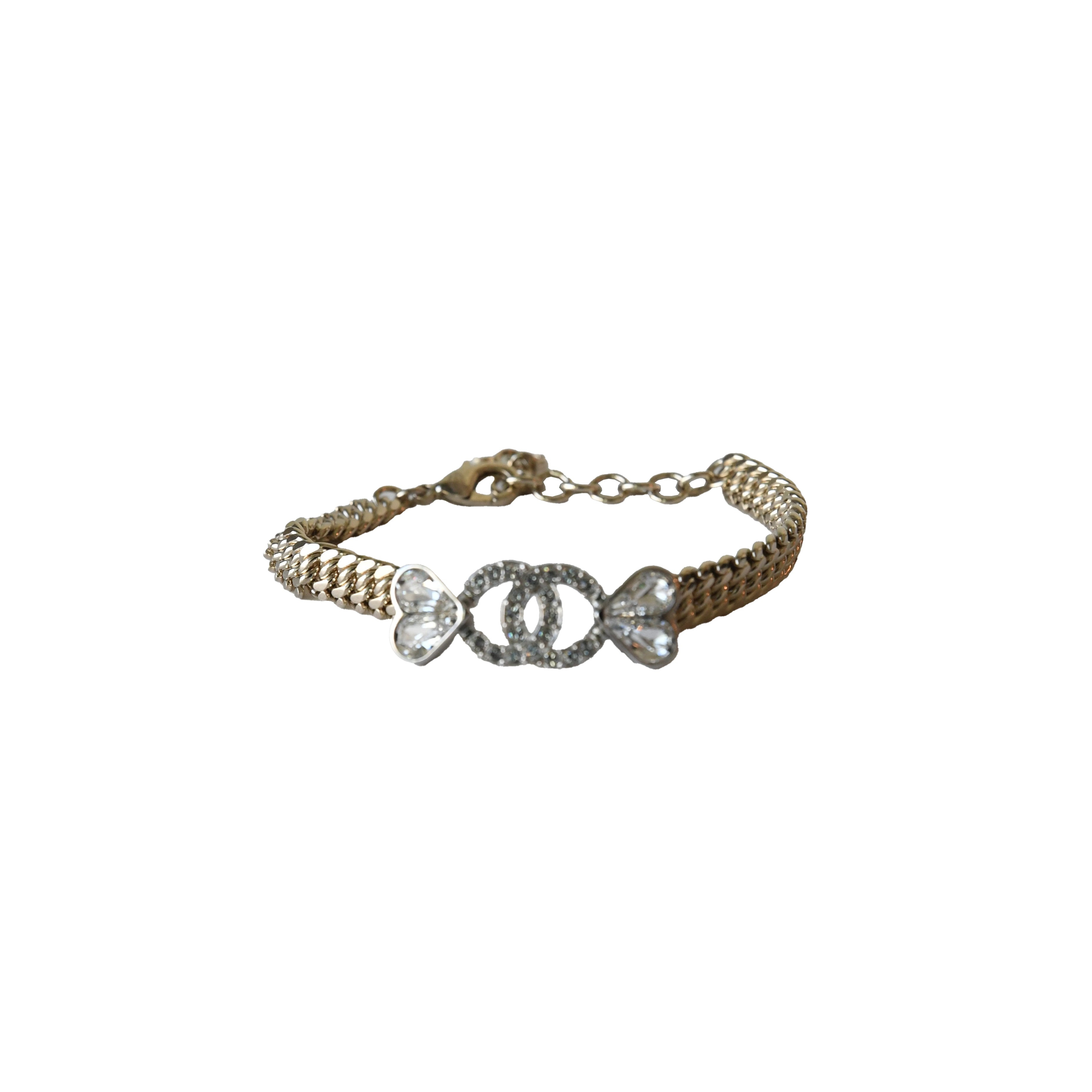 Chanel Crystal Strass CC Heart Chain Bracelet Gold - 2