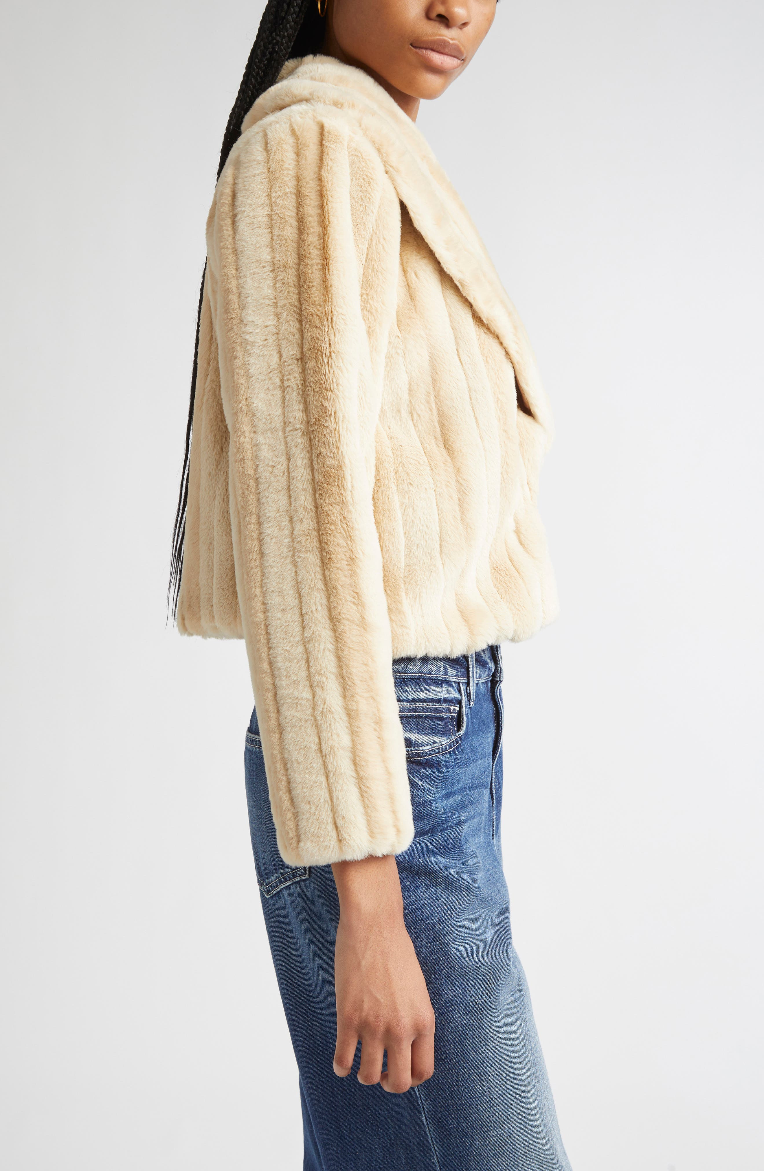L'AGENCE Davy Crop Faux Fur Jacket in Latte Striped Fur at Nordstrom - 4
