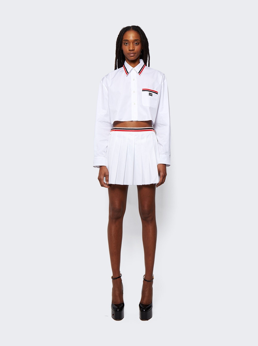 MiuMiu Slubbed Poplin Skirt スラブド ポプリン スカート 上品 White Slubbed Poplin Skirt | Miu Miu