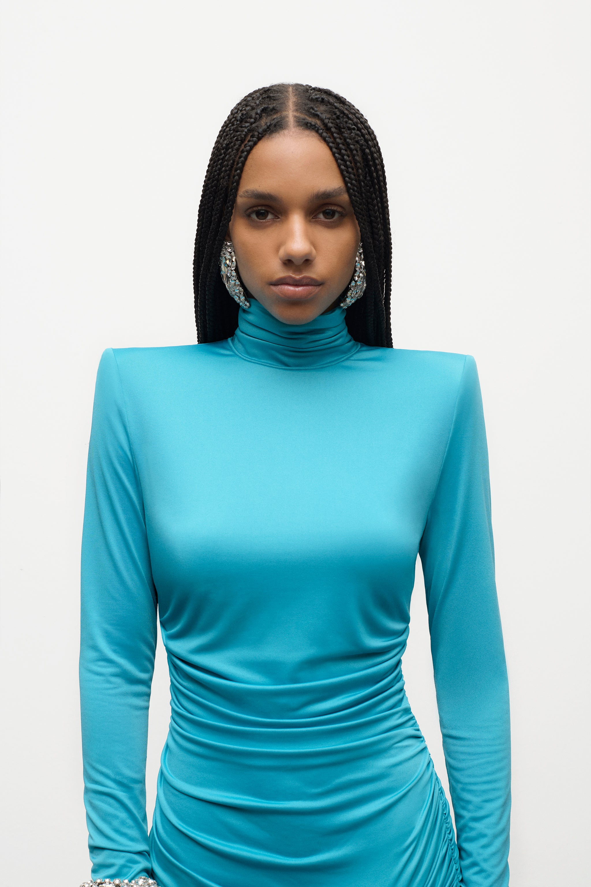 CRYSTAL CLUSTER DRAPED LONG SLEEVE MINI DRESS - 5
