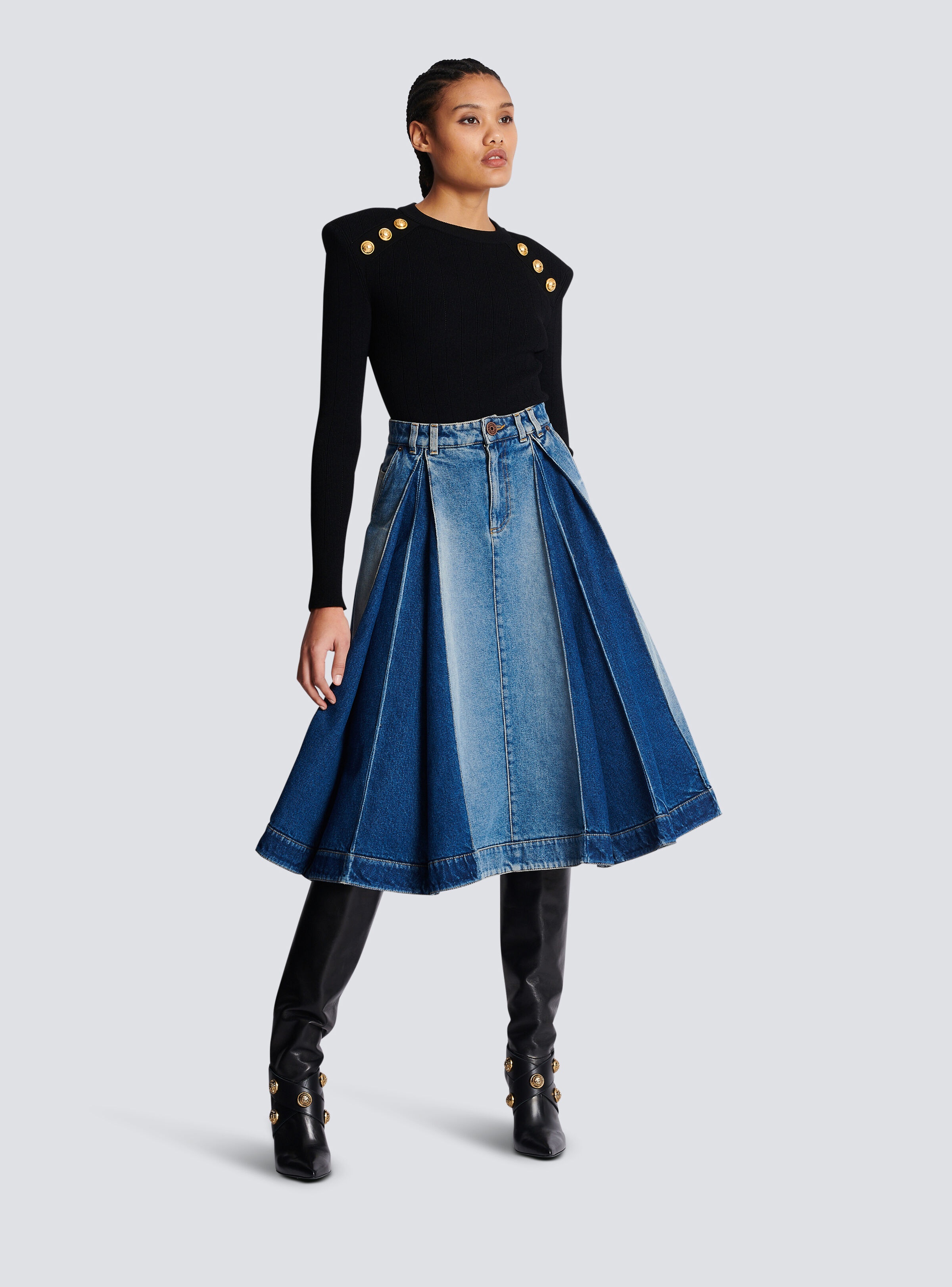 Pleated denim midi skirt - 3