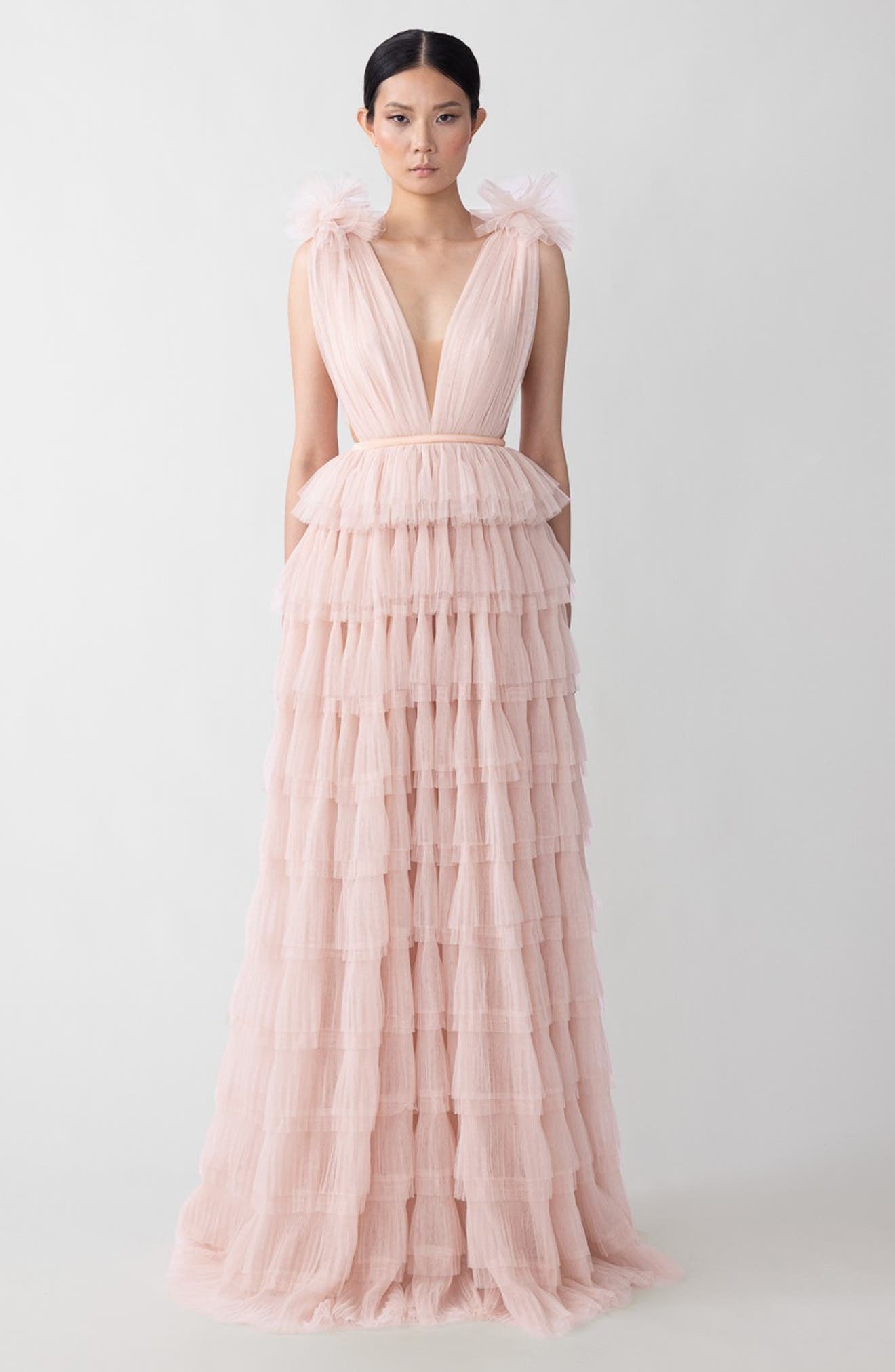 SAU LEE Sabrina Plunge Neck Tiered Tulle Gown in Nude Pink at Nordstrom - 4