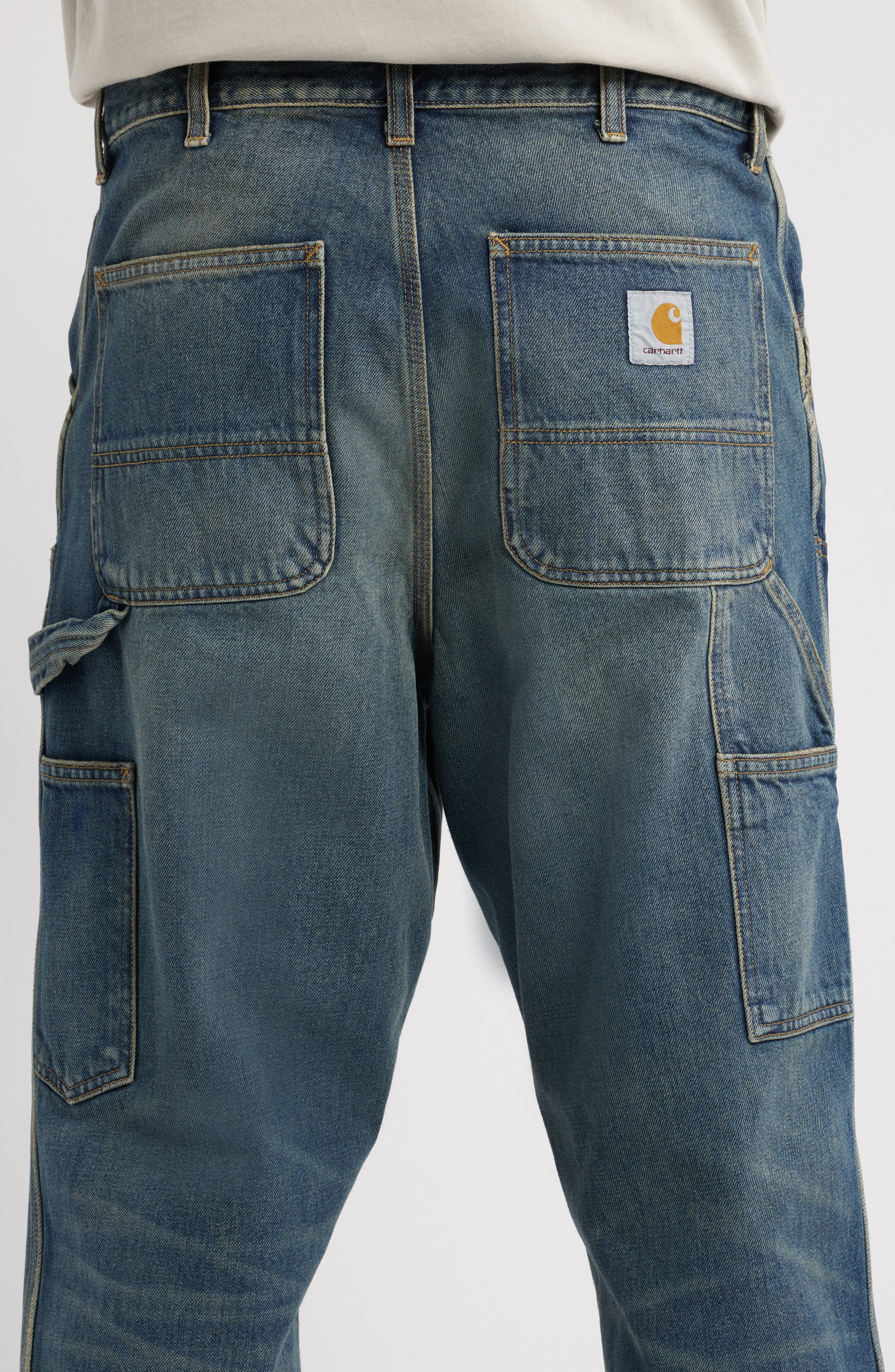 Carhartt Work In Progress Double Knee Work Jeans in Blue Worn Used Wash at Nordstrom - 4