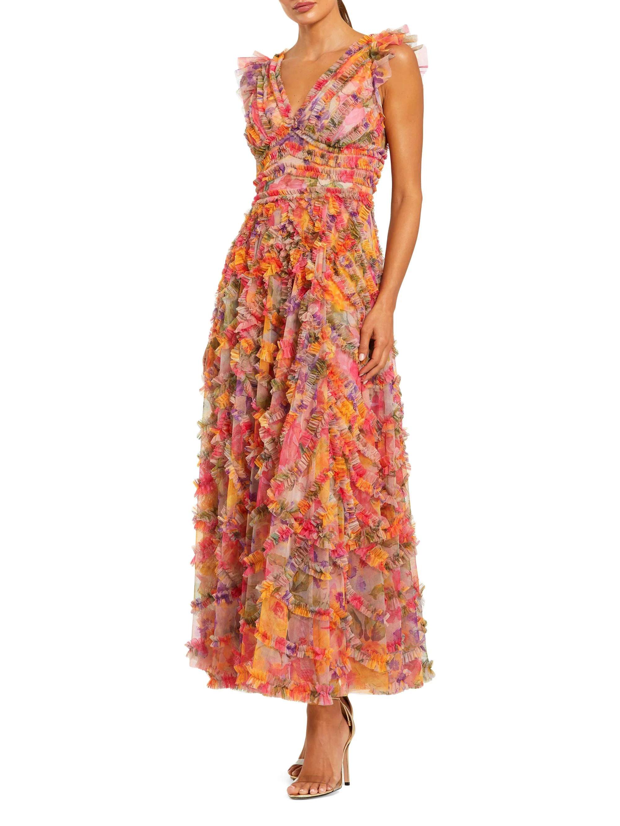 Women's Floral Mesh Ruffled V-Neck Maxi Dress - Multi - 1