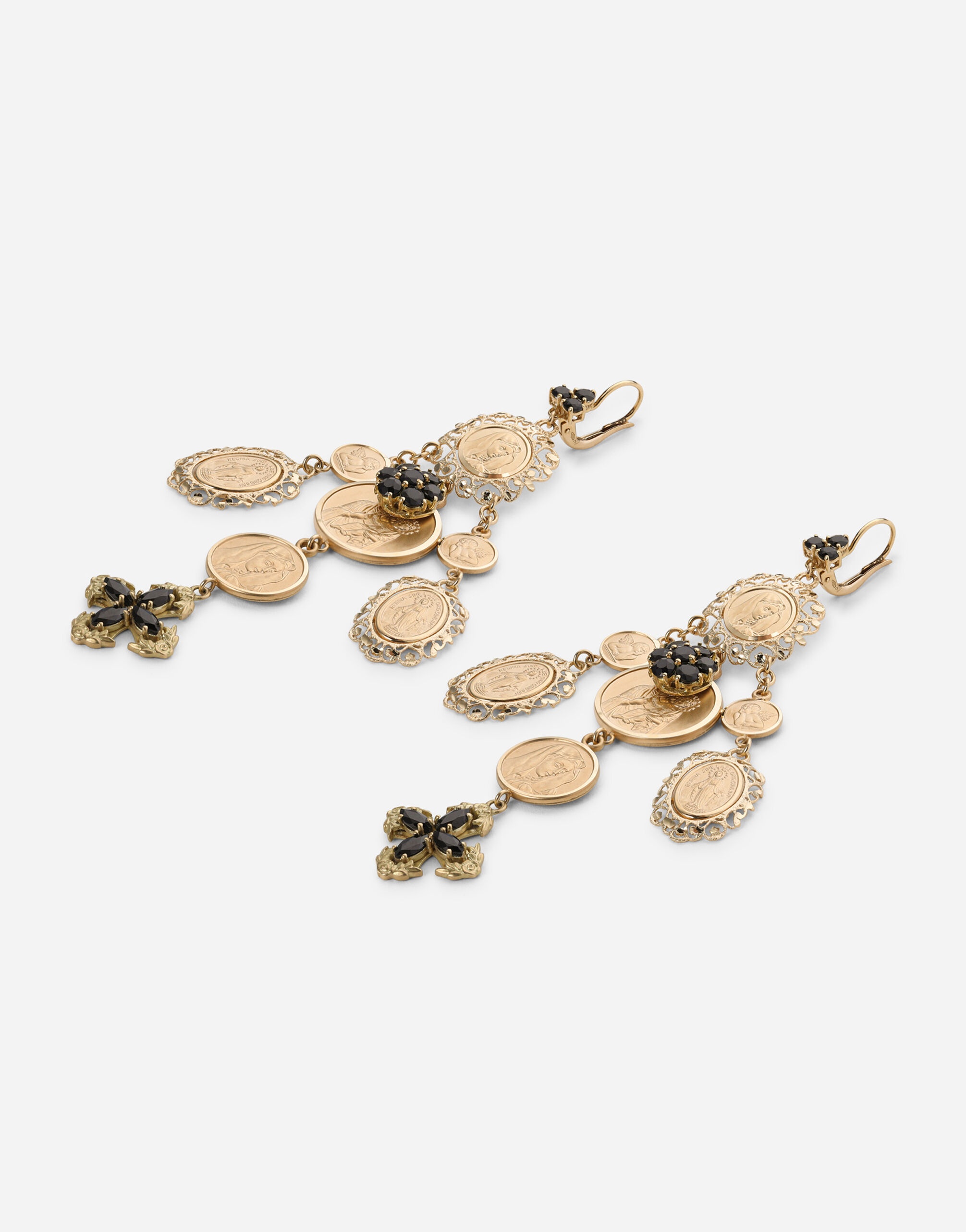 Yellow gold Sicily earrings with medals and cross pendants - 2